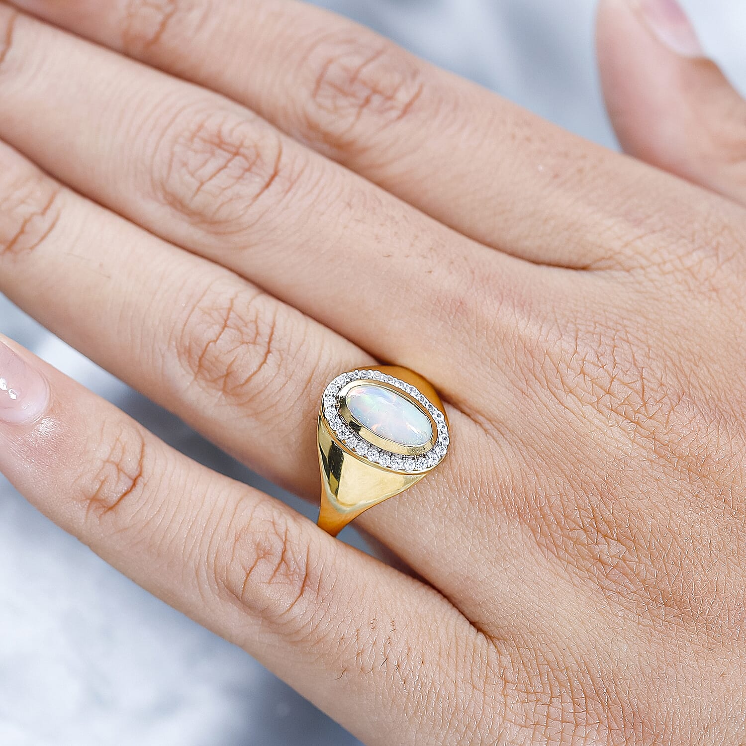 Ethiopian Welo Opal & Natural Zircon Ring in 18K Yellow Gold Vermeil Plated Sterling Silver 1.29 Ct