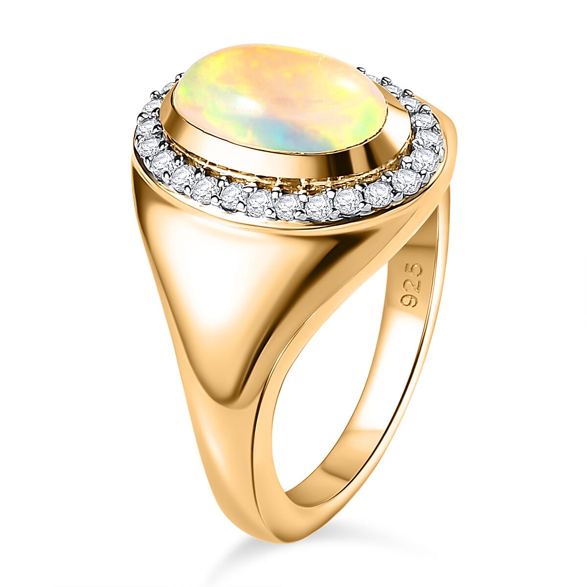 Ethiopian Welo Opal & Natural Zircon Ring in 18K Yellow Gold Vermeil Plated Sterling Silver 1.29 Ct