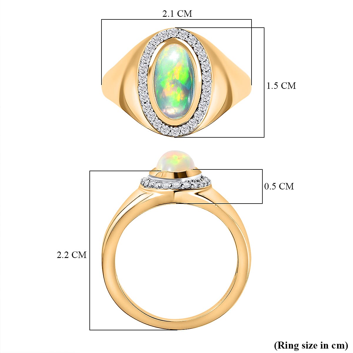 Ethiopian Welo Opal & Natural Zircon Ring in 18K Yellow Gold Vermeil Plated Sterling Silver 1.29 Ct