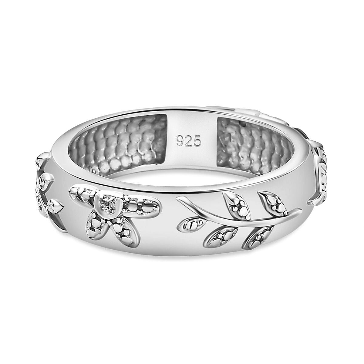 Natural Diamond Leaf Band Ring in Platinum Overlay Sterling Silver