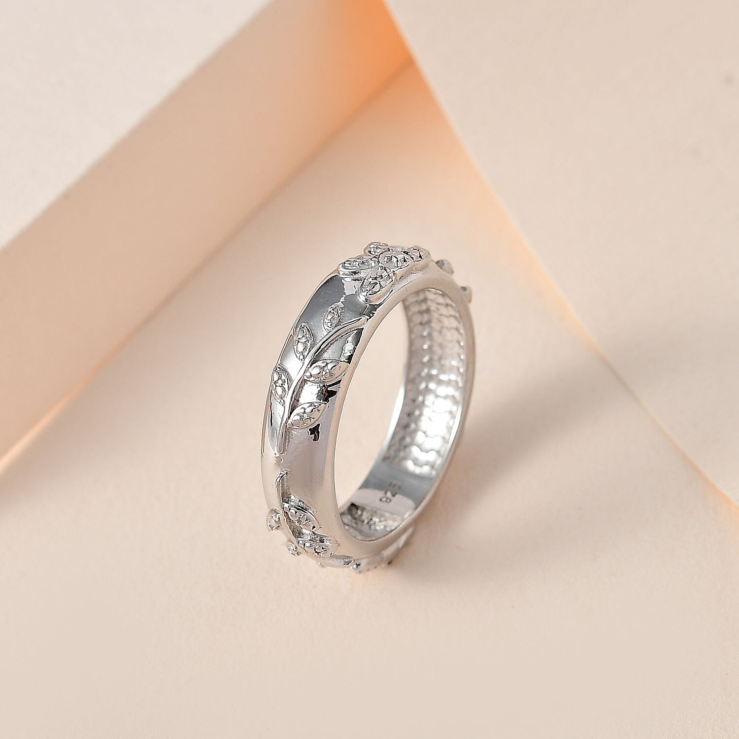 Natural Diamond Leaf Band Ring in Platinum Overlay Sterling Silver