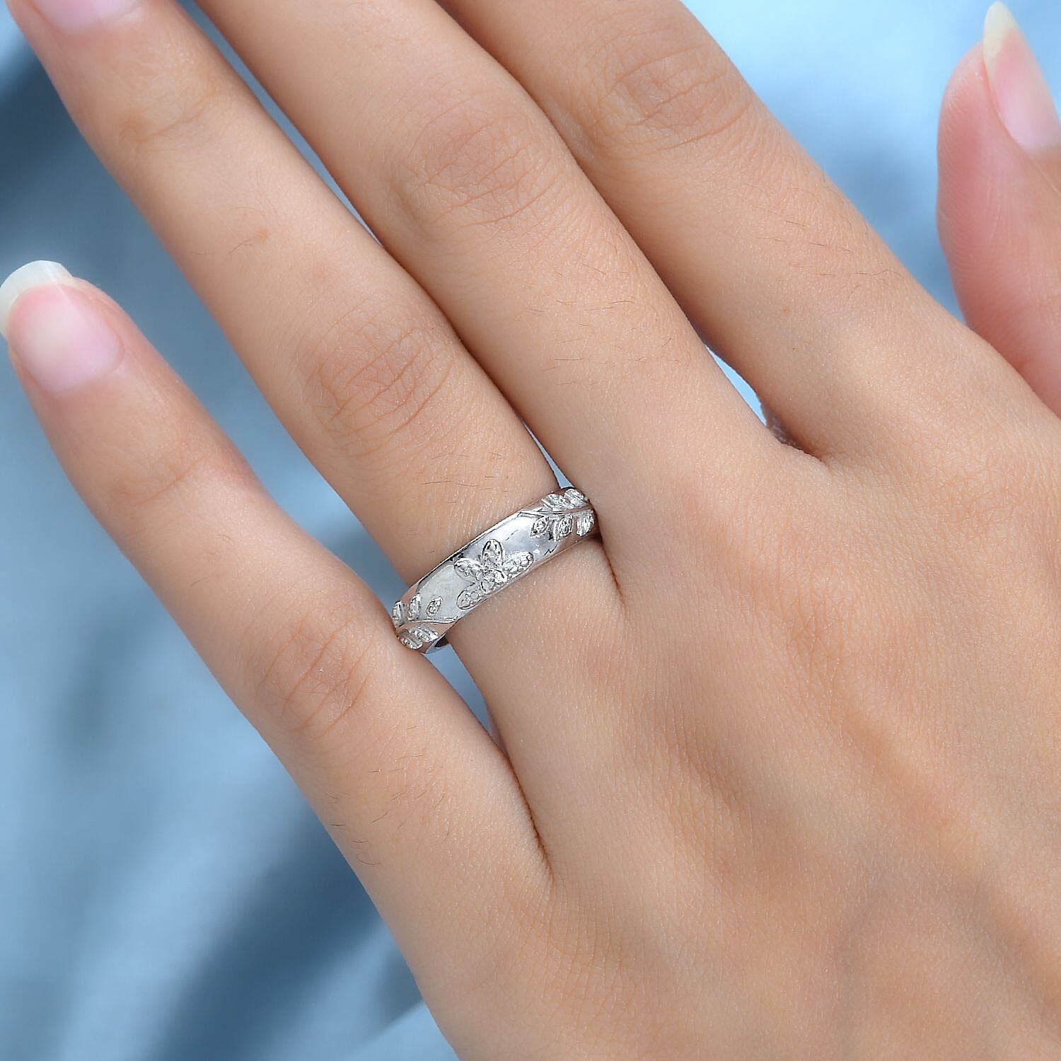 Natural Diamond Leaf Band Ring in Platinum Overlay Sterling Silver