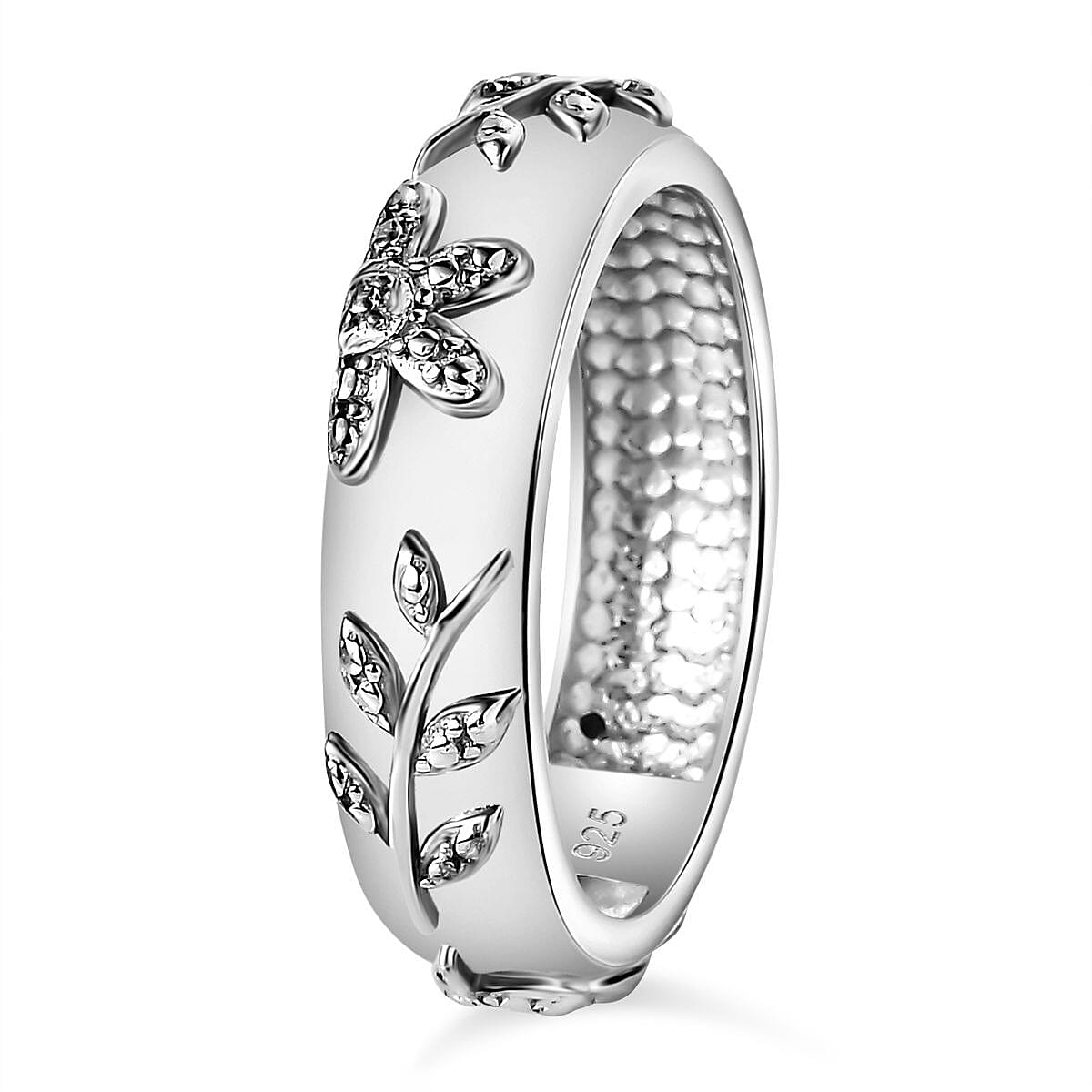 Natural Diamond Leaf Band Ring in Platinum Overlay Sterling Silver