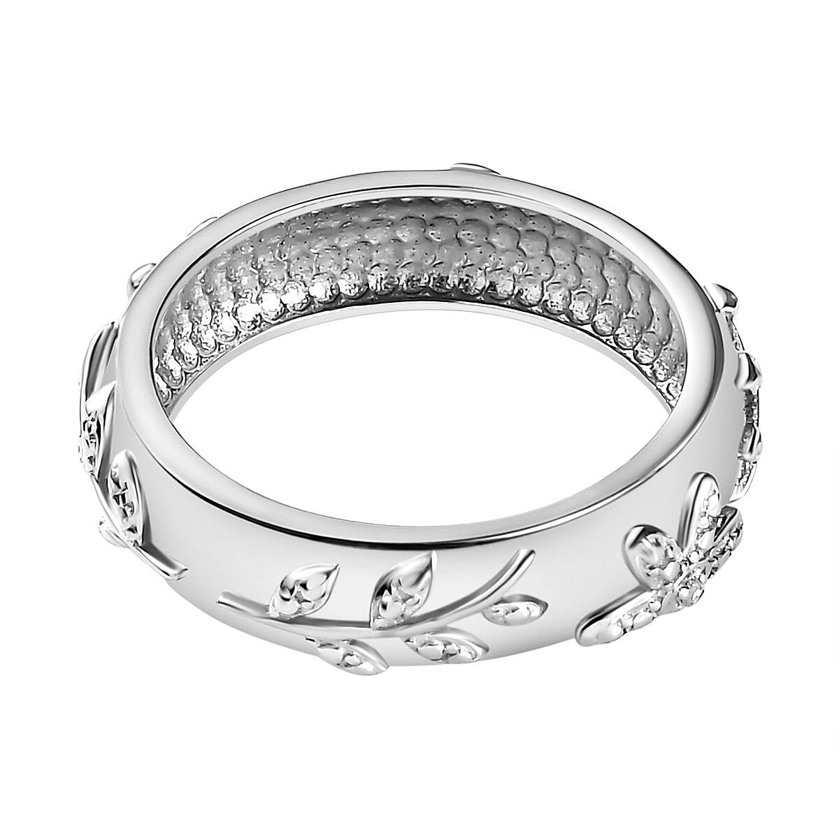 Natural Diamond Leaf Band Ring in Platinum Overlay Sterling Silver