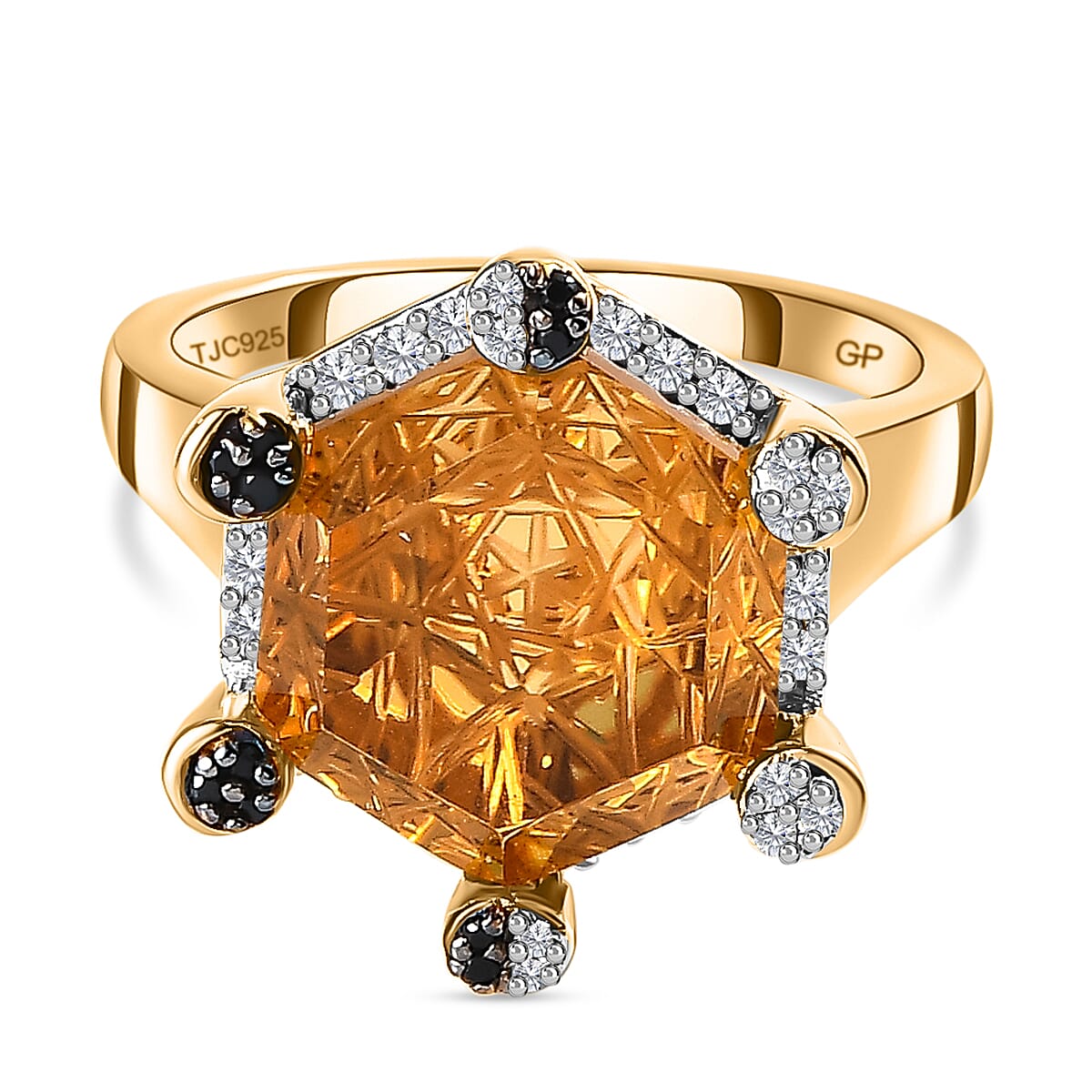 GP Celestial Dream Collection (Matatron Cube Cut) - Citrine, Boi Ploi Black Spinel & Natural Zircon Ring in 18K Yellow Gold Vermeil Plated Sterling Silver 8.25 Ct, Silver Wt. 6.02 Gms.