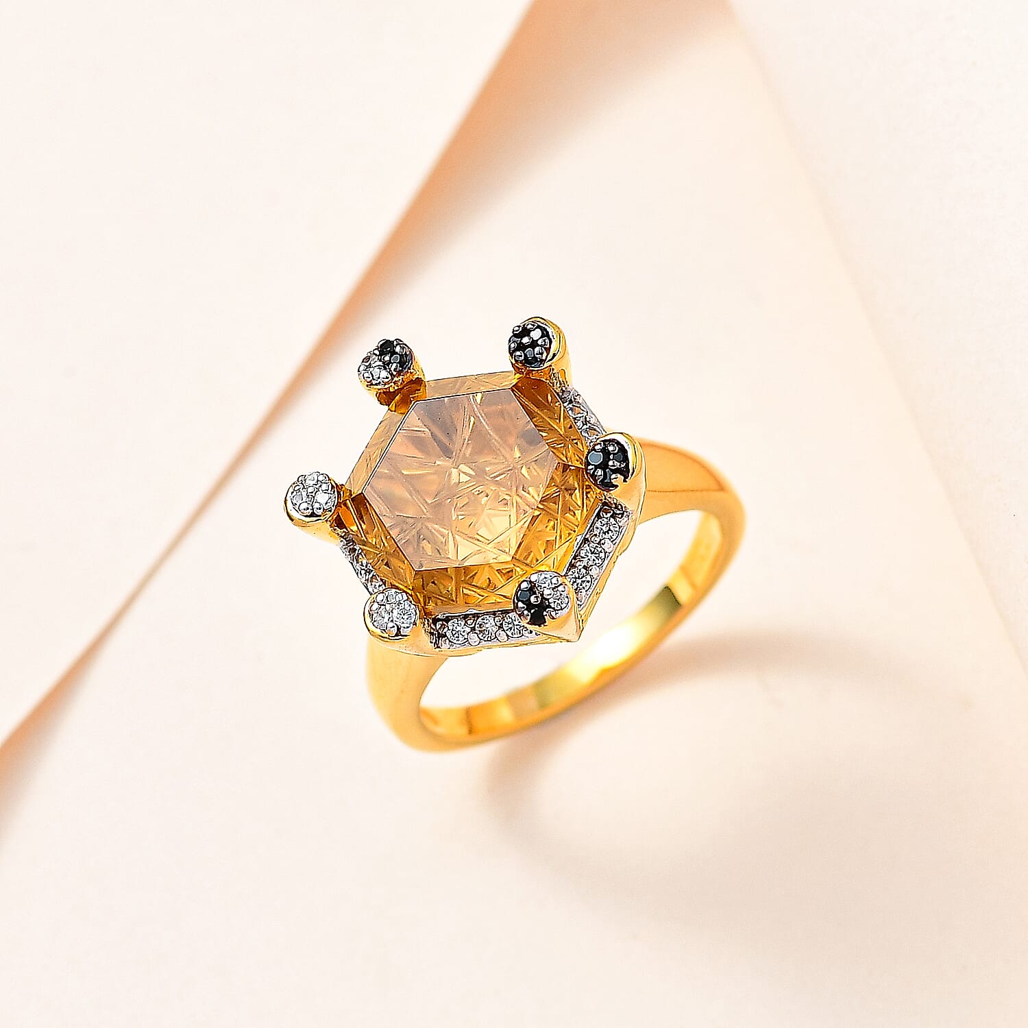 GP Celestial Dream Collection (Matatron Cube Cut) - Citrine, Boi Ploi Black Spinel & Natural Zircon Ring in 18K Yellow Gold Vermeil Plated Sterling Silver 8.25 Ct, Silver Wt. 6.02 Gms.