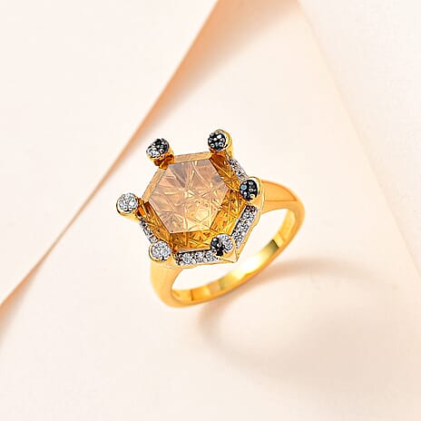 GP Celestial Dream Collection - Citrine, Blue Sapphire, Boi Ploi Black Spinel & Natural Zircon Ring in 18K Yellow Gold Vermeil Plated Sterling Silver, 8.25 Ct, Silver Wt. 5.71 GM