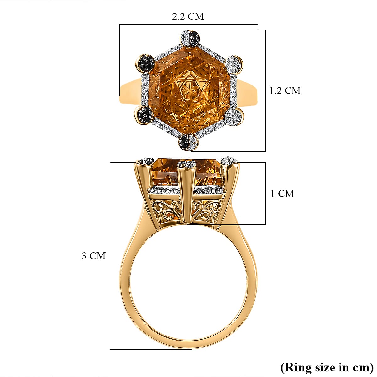 GP Celestial Dream Collection (Matatron Cube Cut) - Citrine, Boi Ploi Black Spinel & Natural Zircon Ring in 18K Yellow Gold Vermeil Plated Sterling Silver 8.25 Ct, Silver Wt. 6.02 Gms.