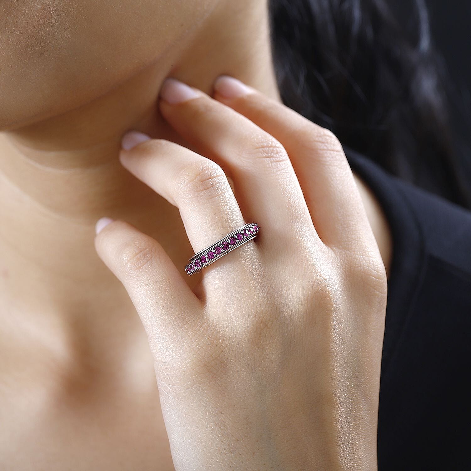 Ruby Finest Austrian Crystal Eternity Band Ring in Platinum Overlay Sterling Silver 1.10 Ct.