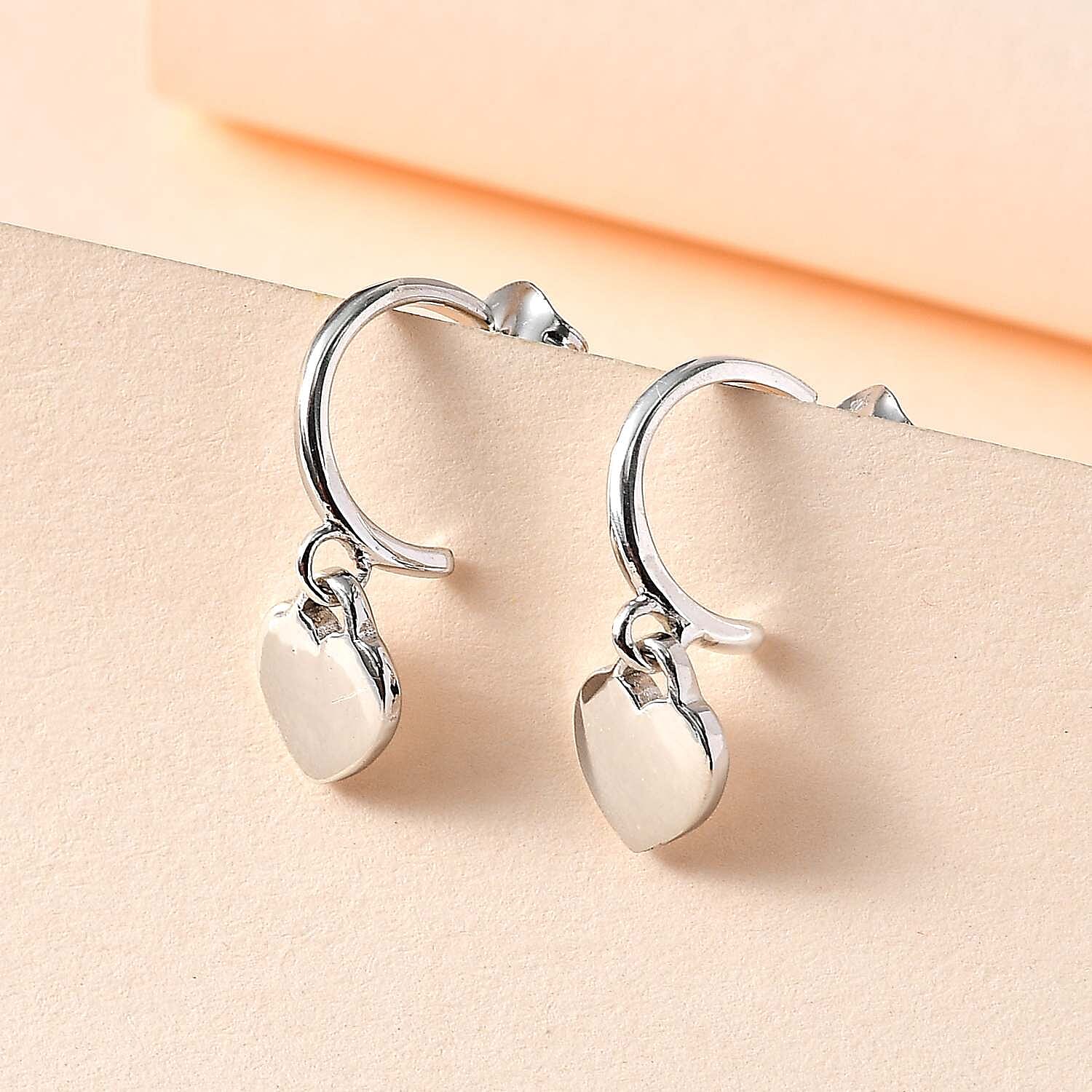 Platinum Overlay Sterling Silver Heart Dangle Earrings