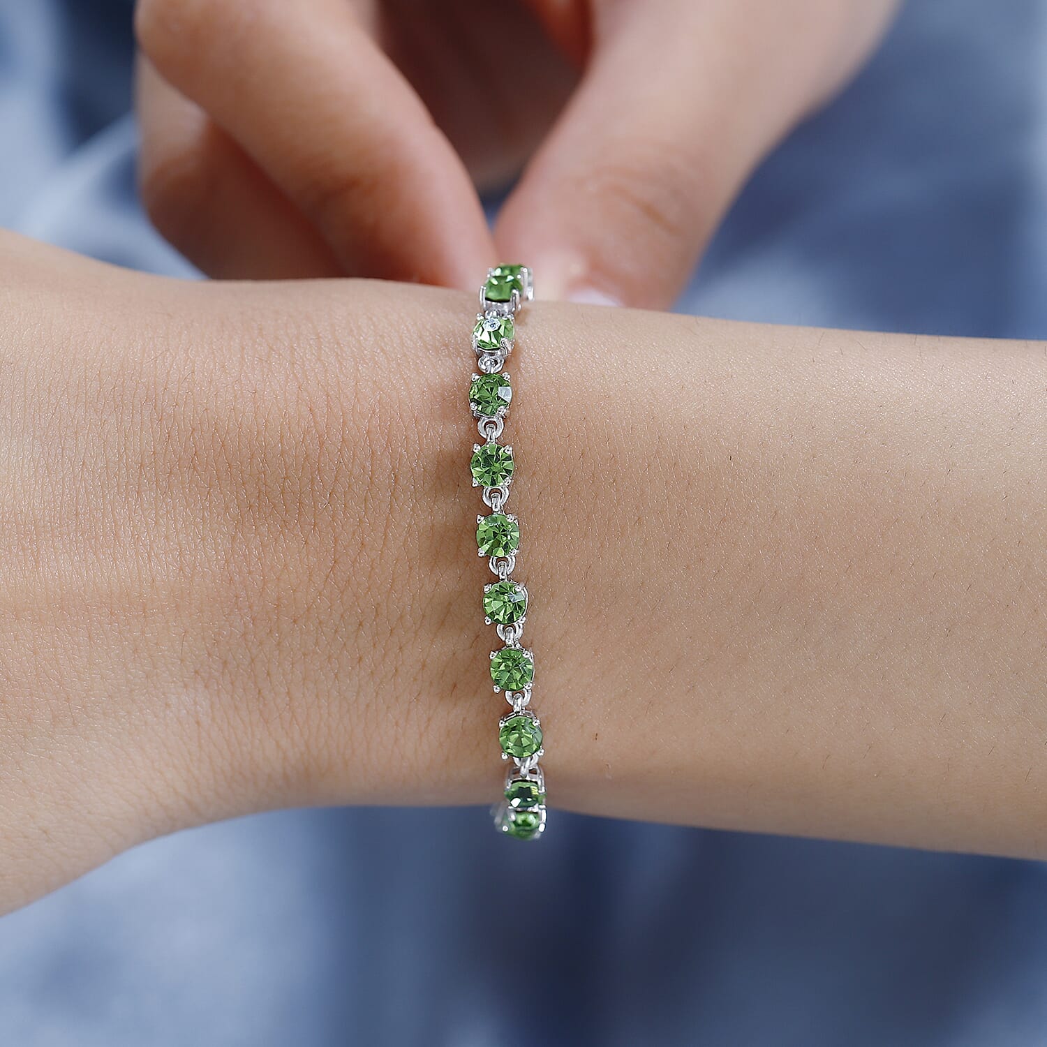Biggest Close Out Deal -  Finest Peridot Crystal Tennis Bracelet (Size - 7.5) in Platinum Overlay Sterling Silver