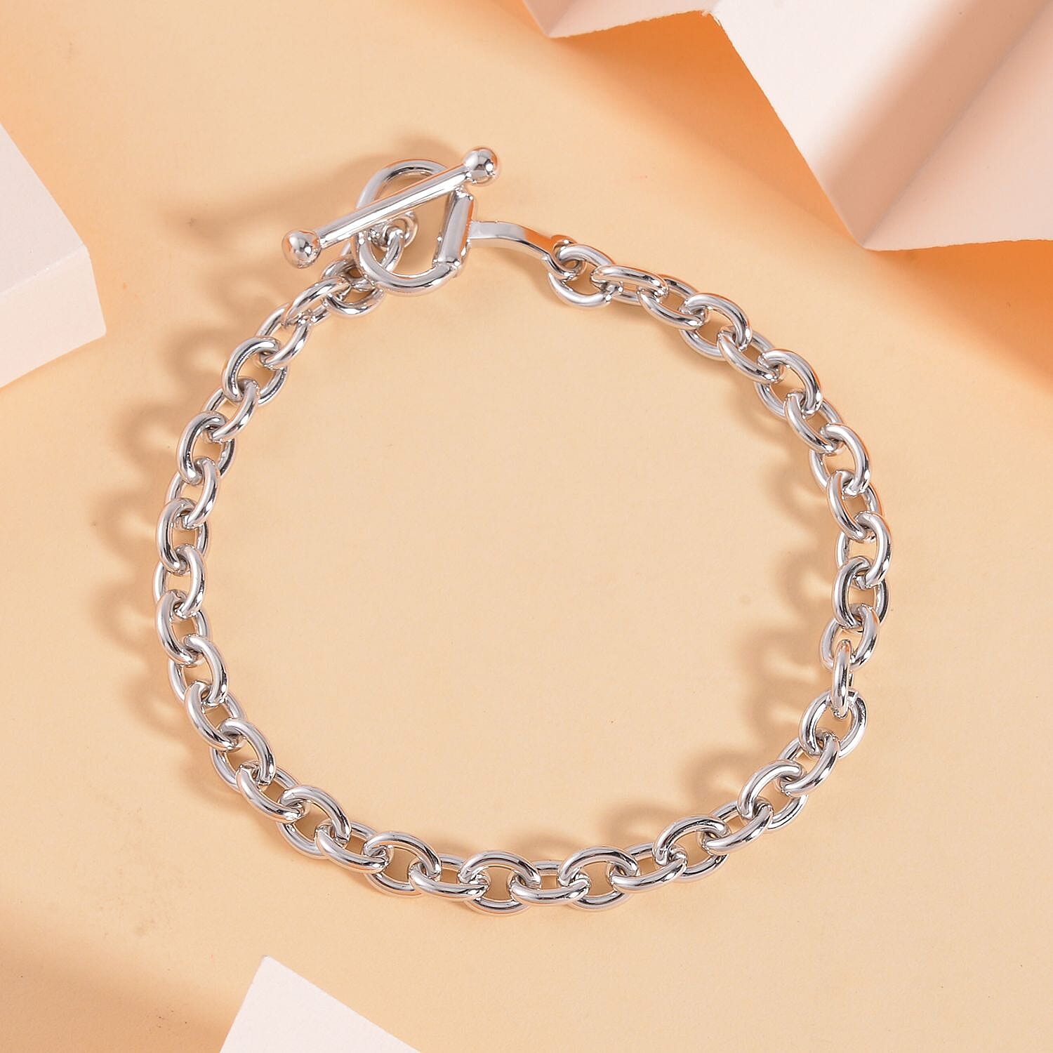 Designer Closeout Deal- Snaffle Link Clasp Rhodium Overlay Sterling Silver Cable Link Bracelet (Size - 7.5), Silver Wt. 13.4 Gms