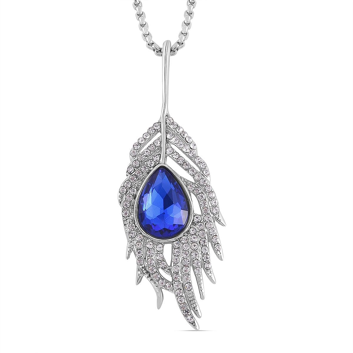 Blue & White Austrian Crystal Feather Necklace (Size - 24) in Silver Tone