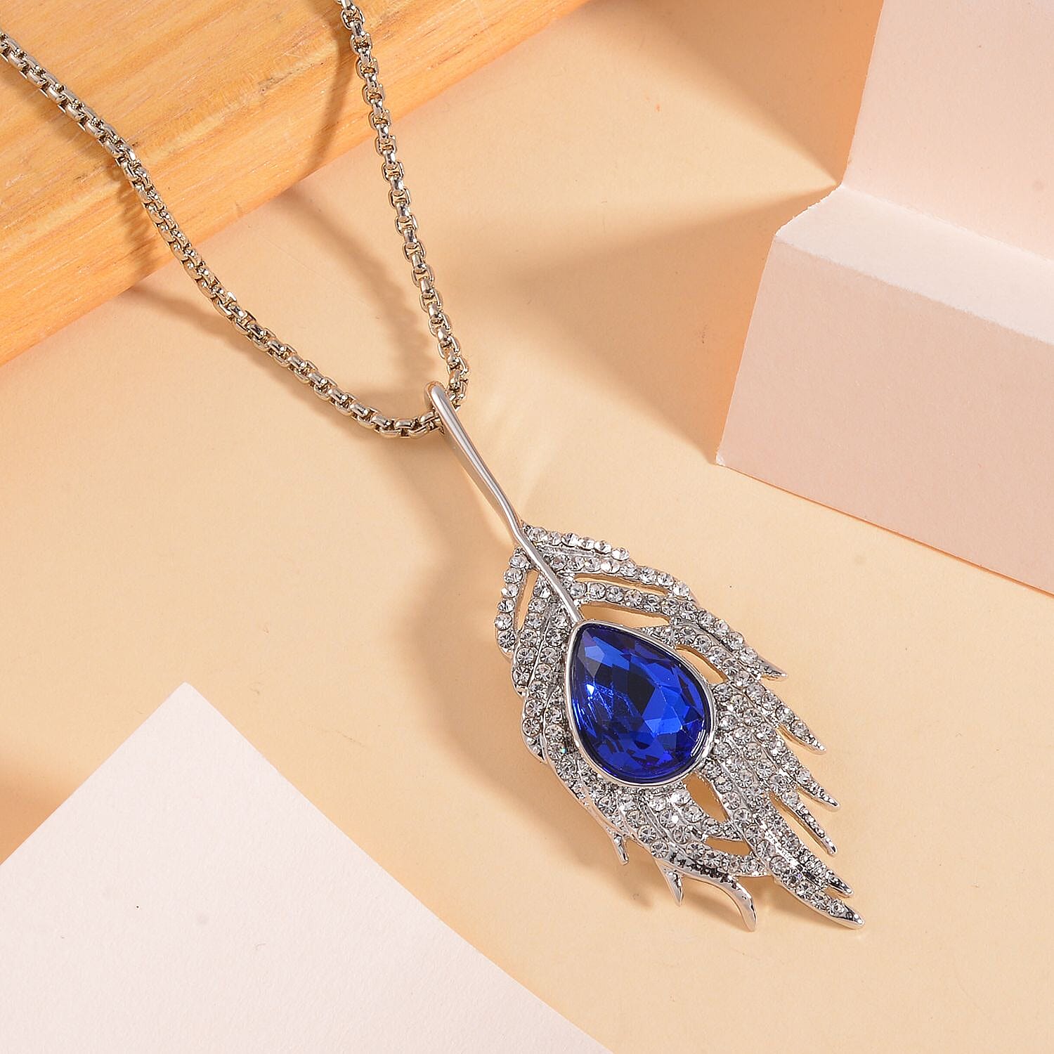 Blue & White Austrian Crystal Feather Necklace (Size - 24) in Silver Tone