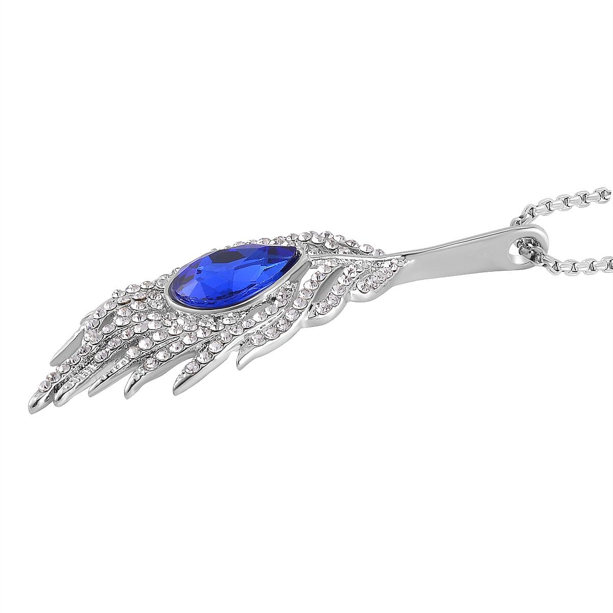 Blue & White Austrian Crystal Feather Necklace (Size - 24) in Silver Tone