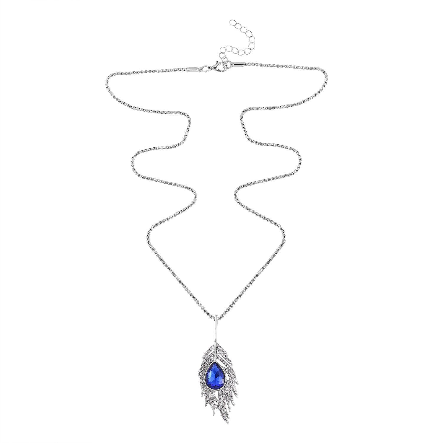 Blue & White Austrian Crystal Feather Necklace (Size - 24) in Silver Tone