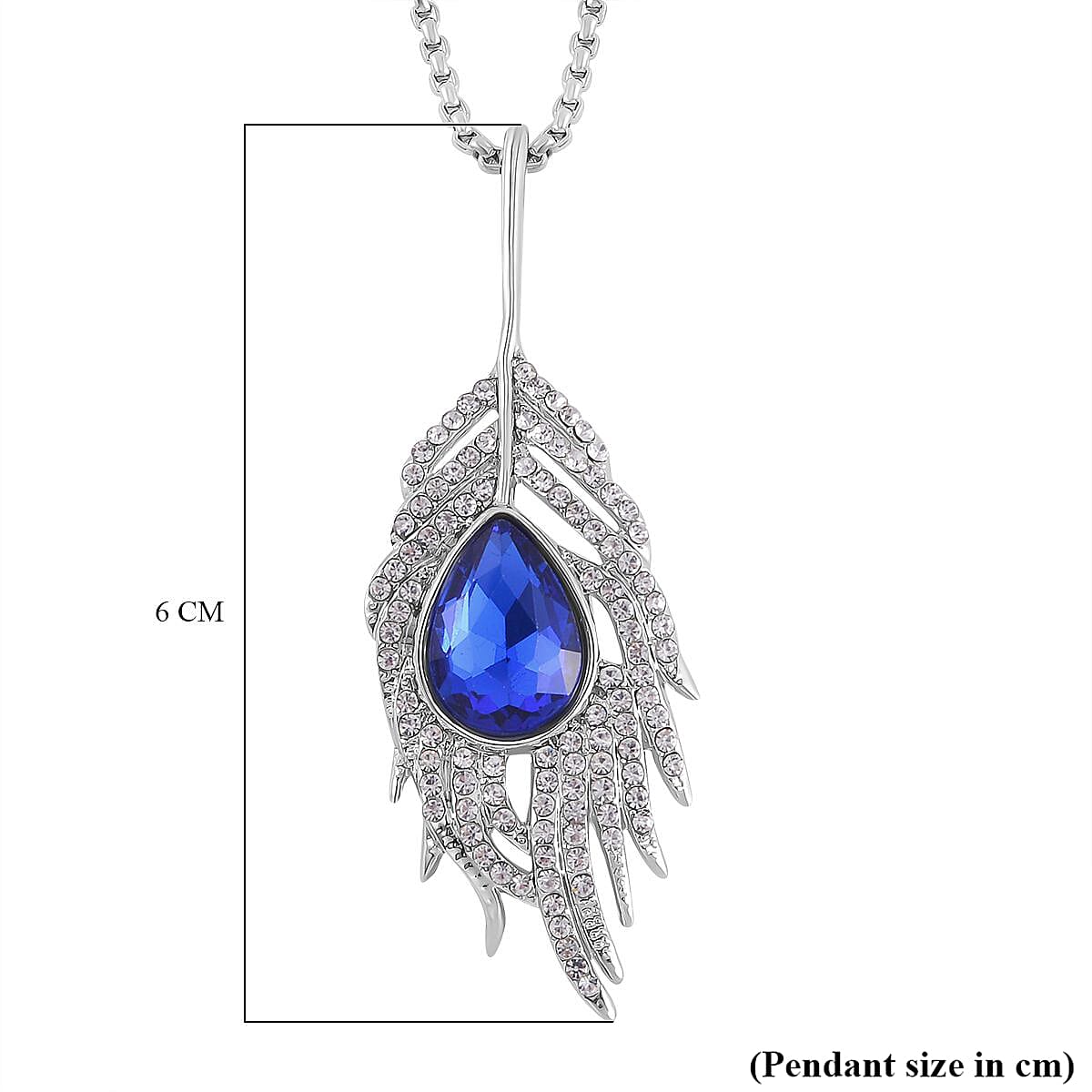 Blue & White Austrian Crystal Feather Necklace (Size - 24) in Silver Tone