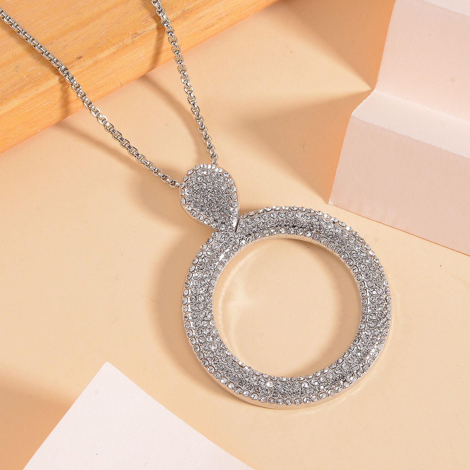 White Austrian Crystal Circle Necklace (Size - 24) in Silver Tone