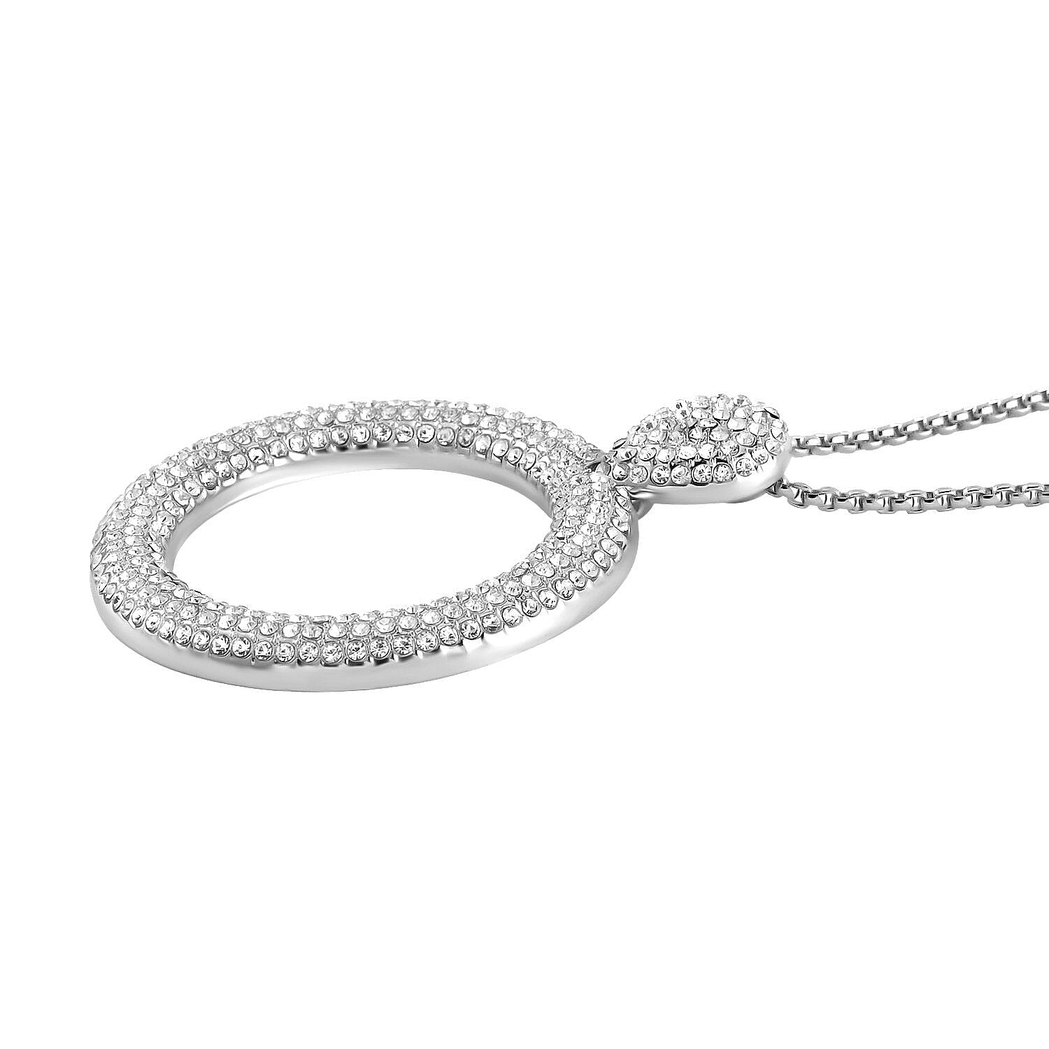 White Austrian Crystal Circle Necklace (Size - 24) in Silver Tone
