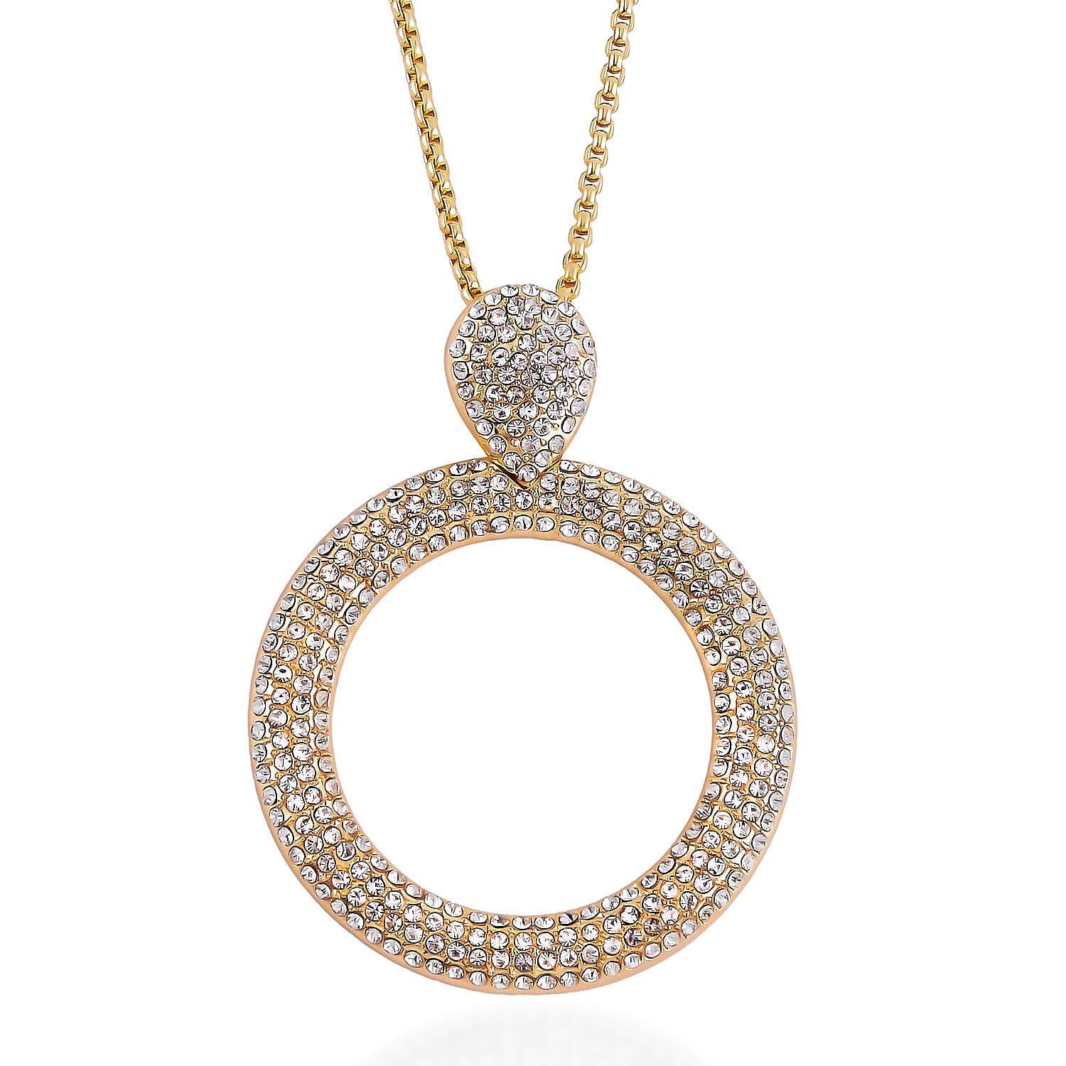 White Austrian Crystal Circle Necklace (Size - 24) in Yellow Gold Tone