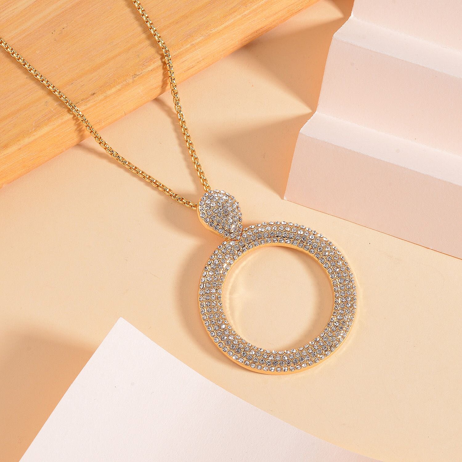 White Austrian Crystal Circle Necklace (Size - 24) in Yellow Gold Tone