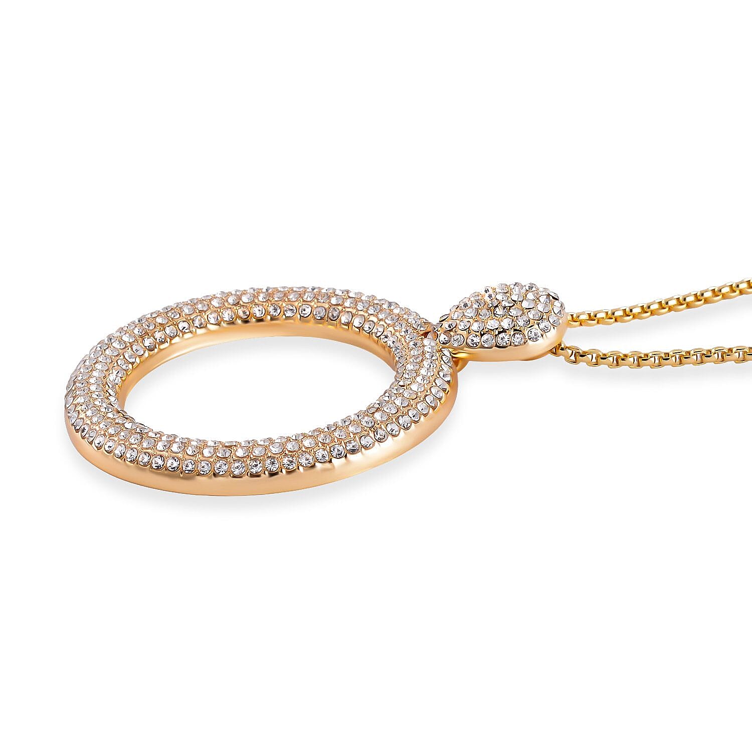 White Austrian Crystal Circle Necklace (Size - 24) in Yellow Gold Tone