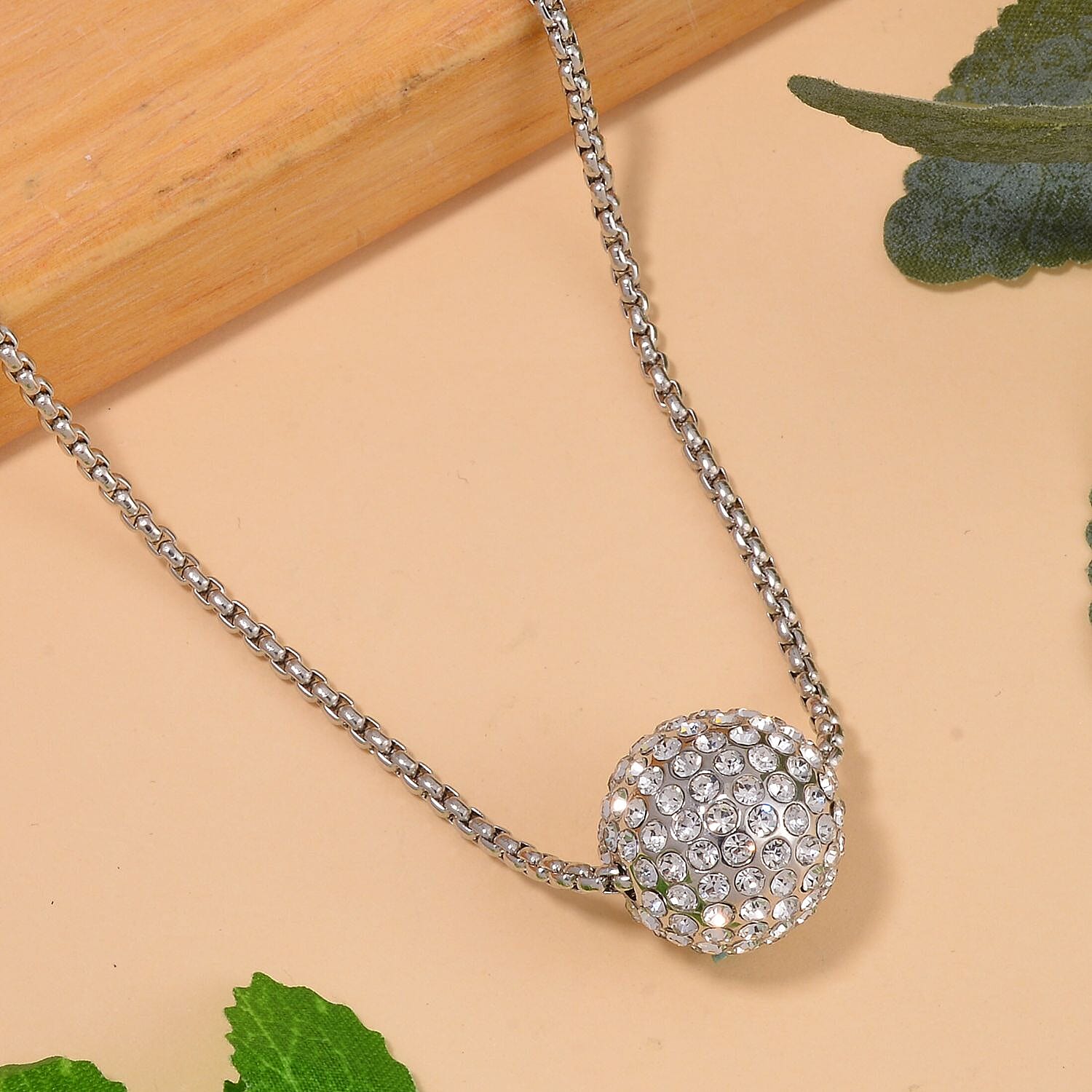 White Austrian Crystal Ball Necklace (Size - 24)-2 Inch Ext.) in Silver Tone