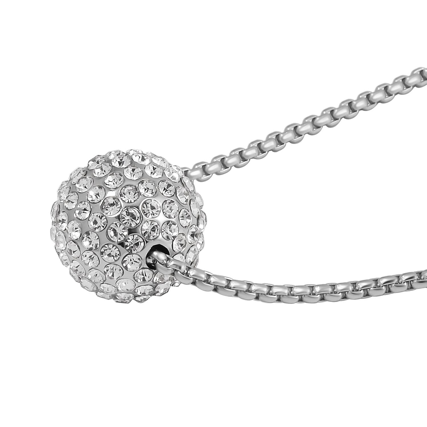 White Austrian Crystal Ball Necklace (Size - 24)-2 Inch Ext.) in Silver Tone