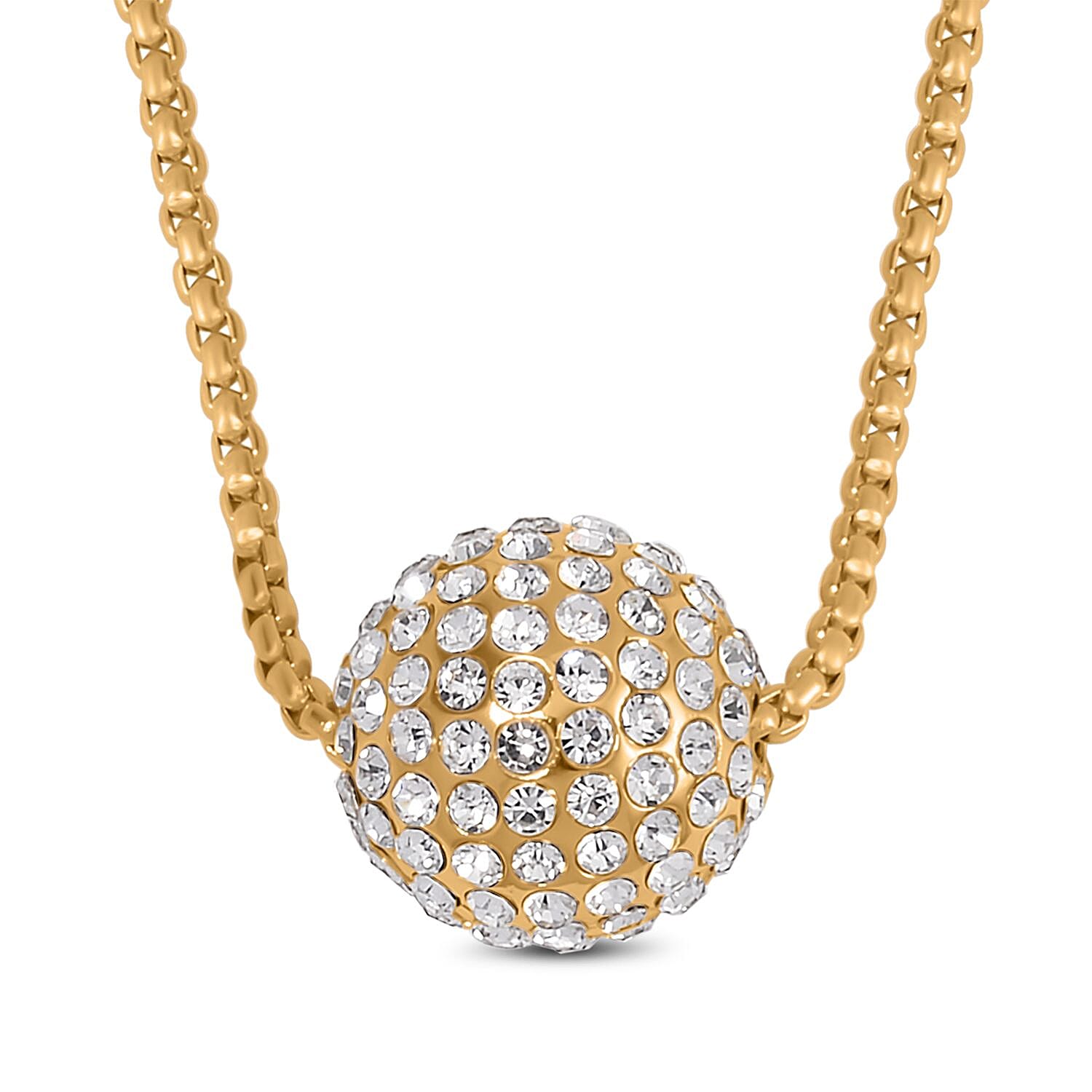 White Austrian Crystal Ball Necklace (Size - 24)-2 Inch Ext.) in Yellow Gold Tone