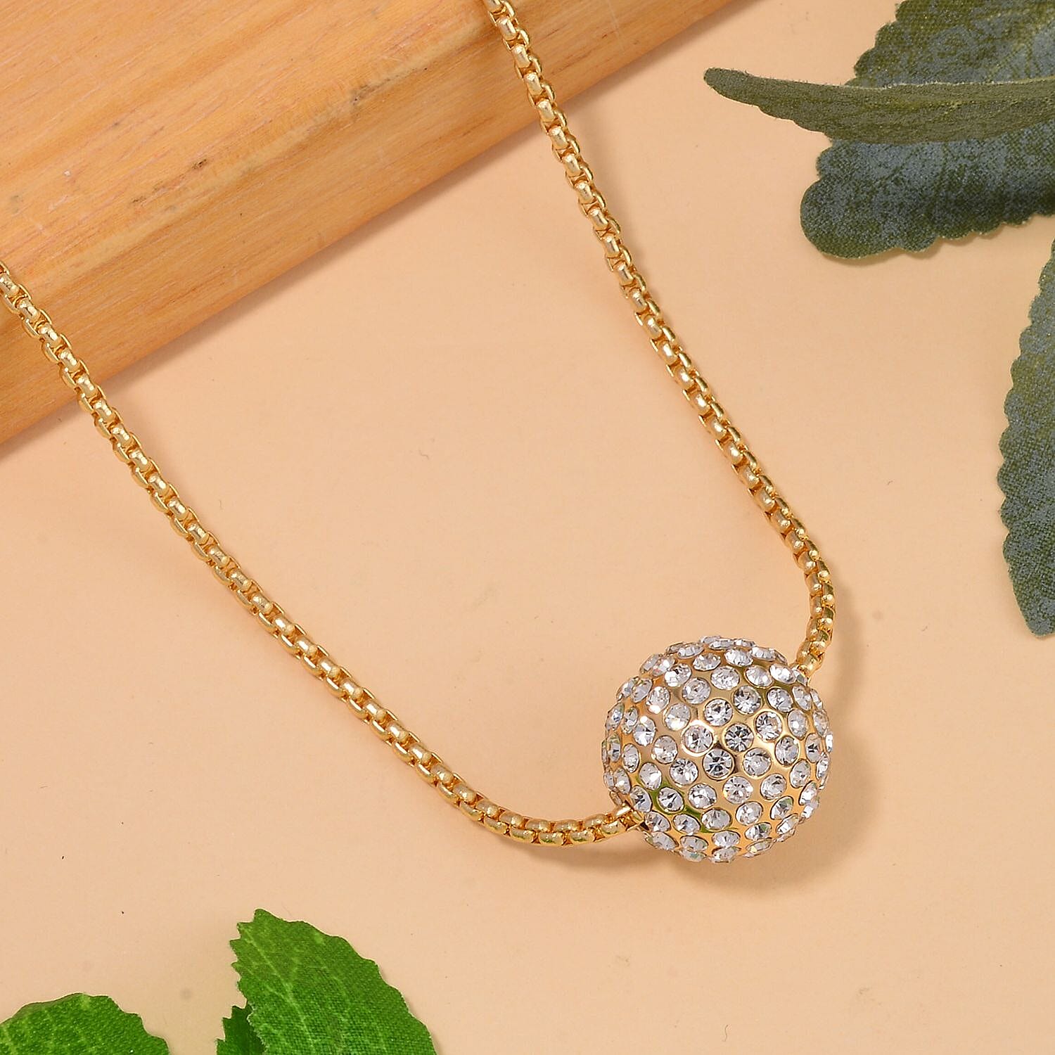 White Austrian Crystal Ball Necklace (Size - 24)-2 Inch Ext.) in Yellow Gold Tone