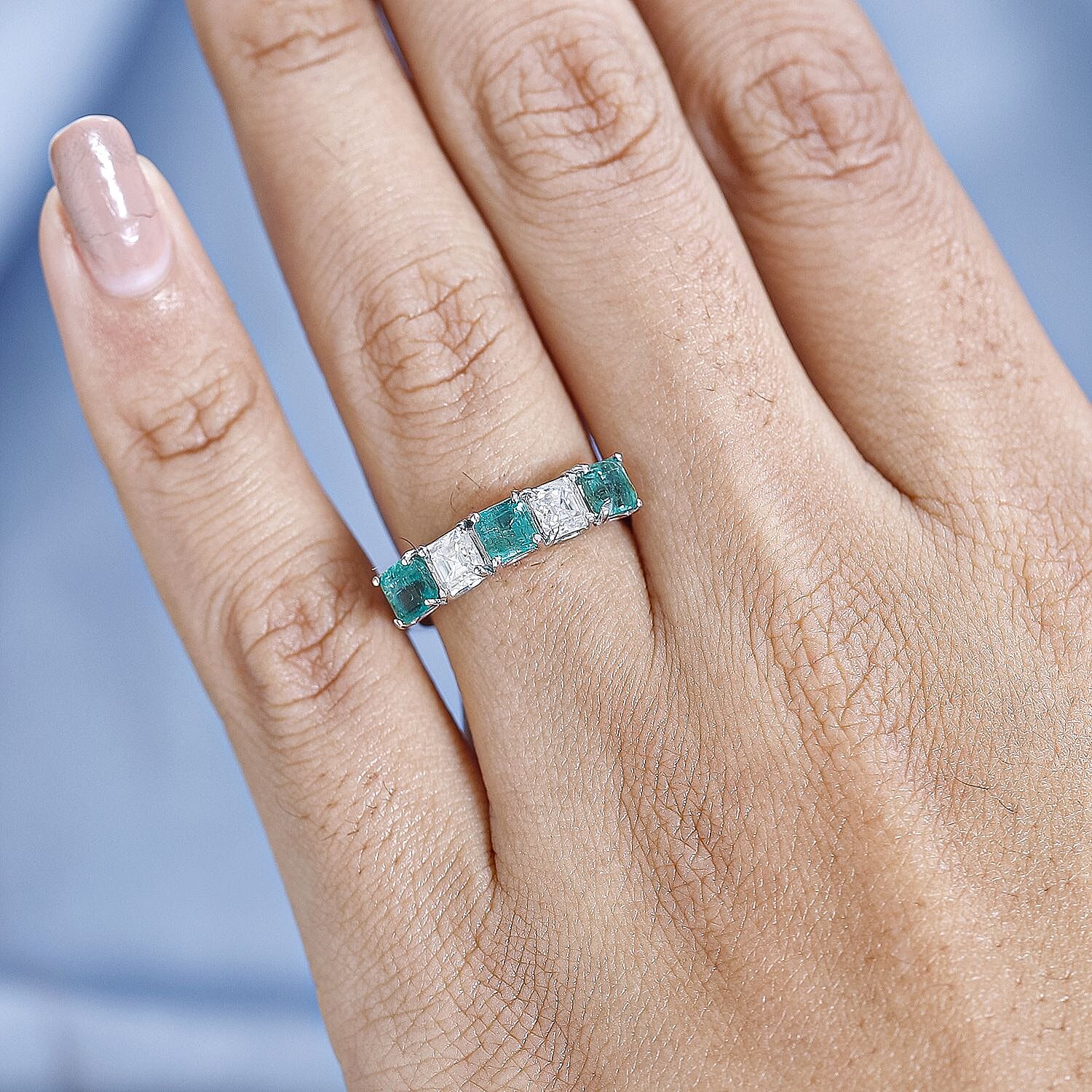 Premium Emerald & Moissanite 5 Stone Ring in Platinum Overlay Sterling Silver 1.70 Ct