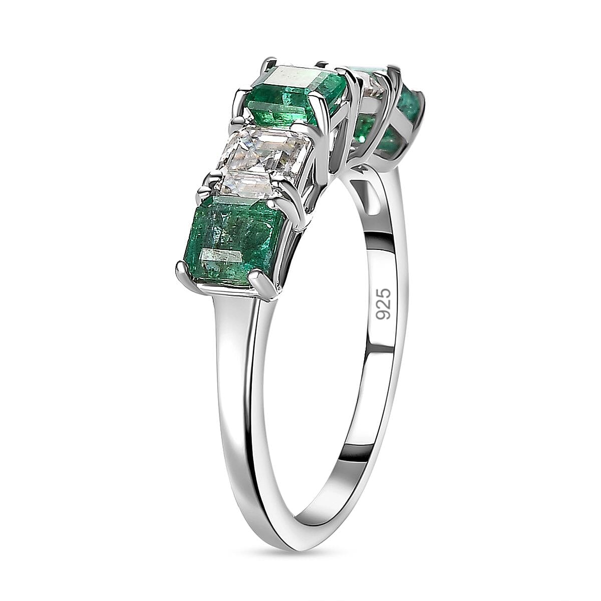 Premium Emerald & Moissanite 5 Stone Ring in Platinum Overlay Sterling Silver 1.70 Ct