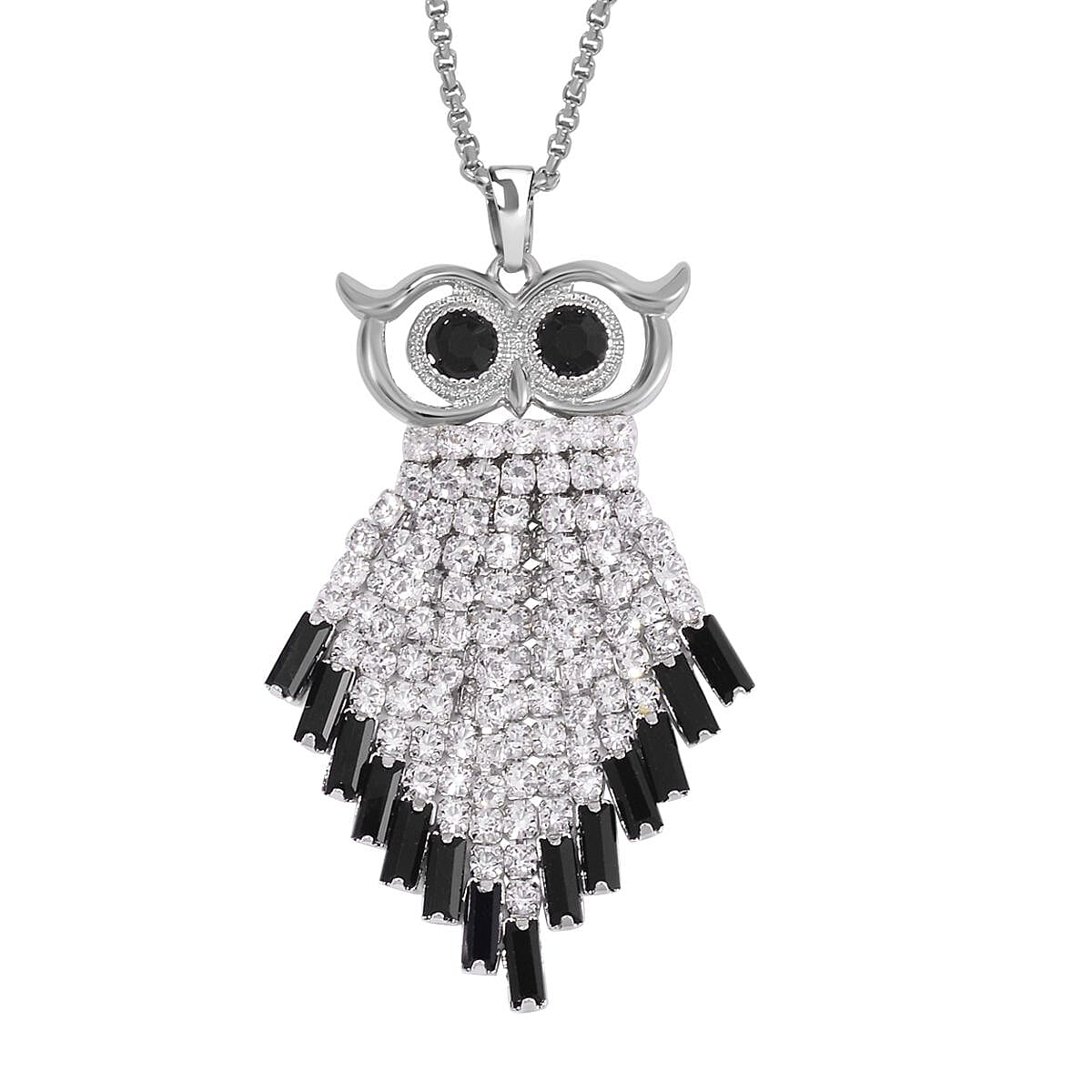 Black & White Austrian Crystal Owl Necklace (Size - 24-2 Ext.) in Silver Tone