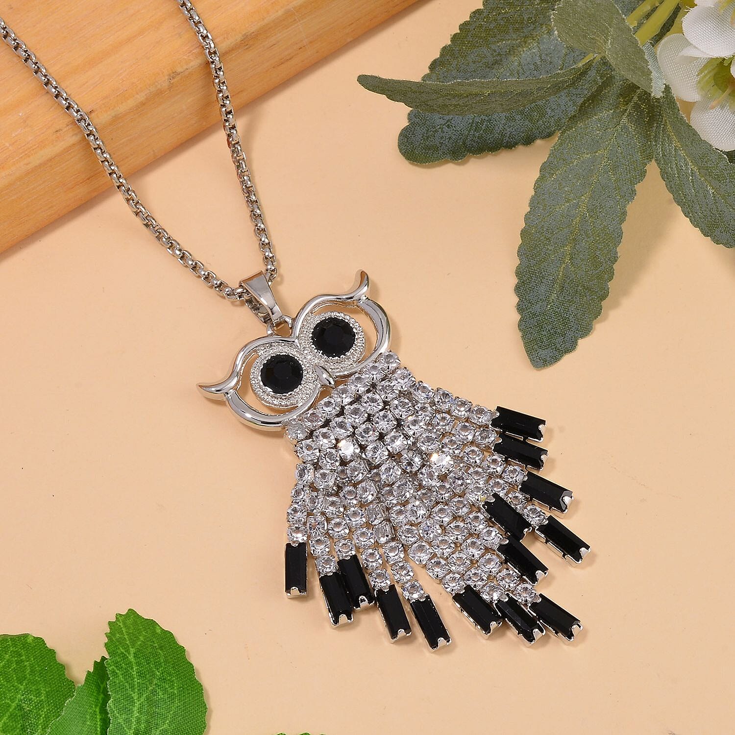 Black & White Austrian Crystal Owl Necklace (Size - 24-2 Ext.) in Silver Tone