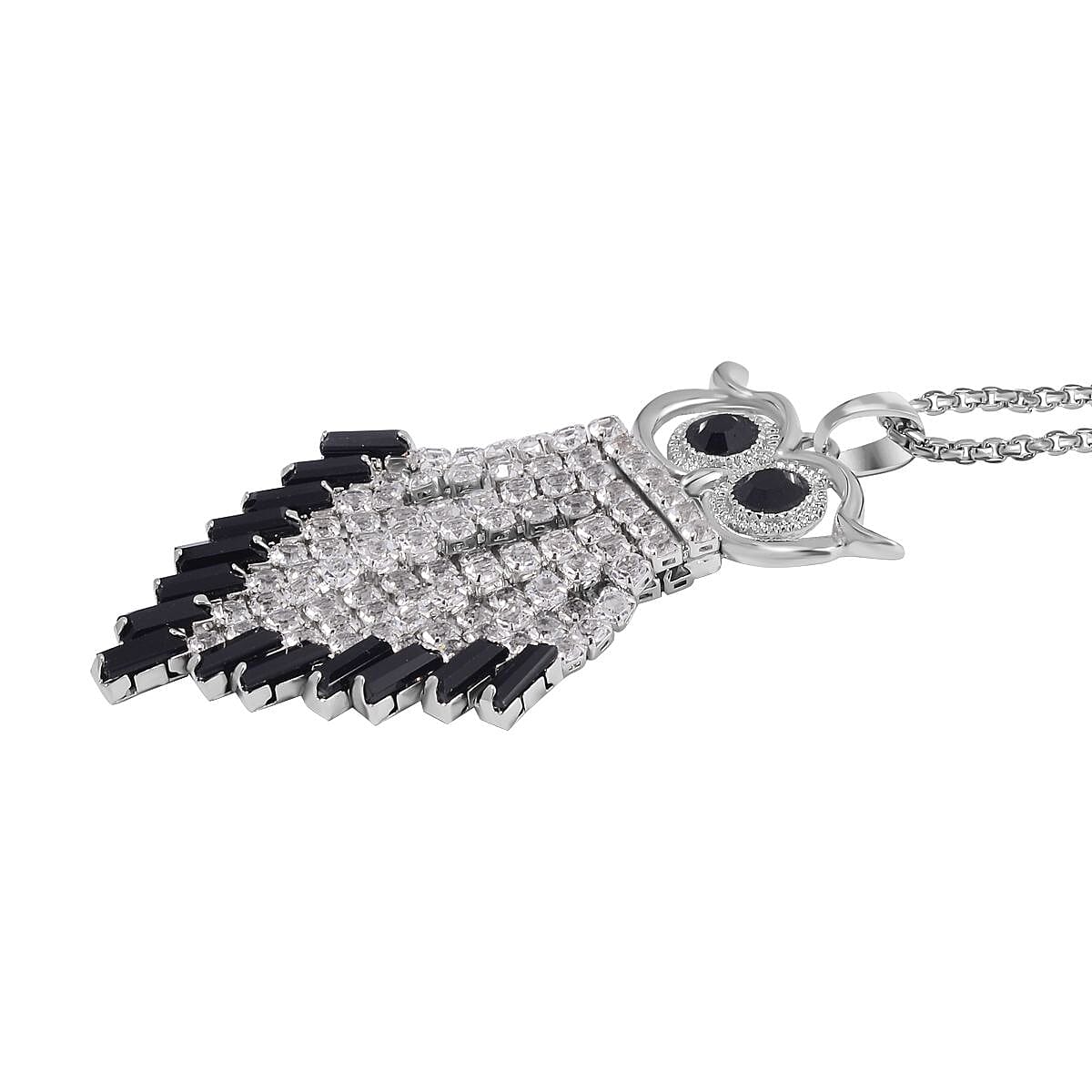Black & White Austrian Crystal Owl Necklace (Size - 24-2 Ext.) in Silver Tone