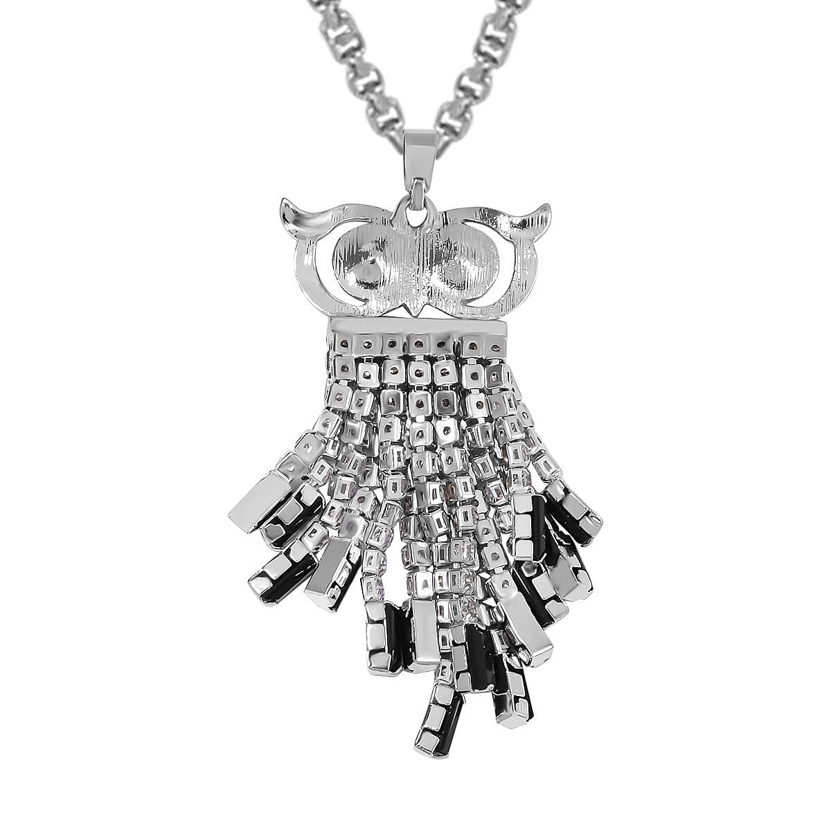 Black & White Austrian Crystal Owl Necklace (Size - 24-2 Ext.) in Silver Tone