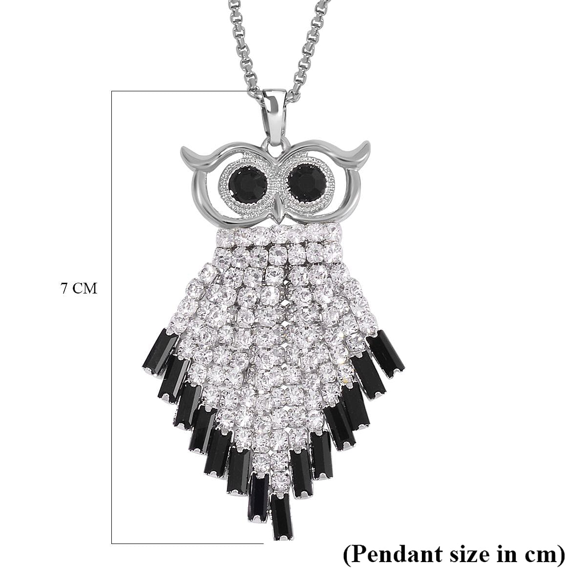 Black & White Austrian Crystal Owl Necklace (Size - 24-2 Ext.) in Silver Tone