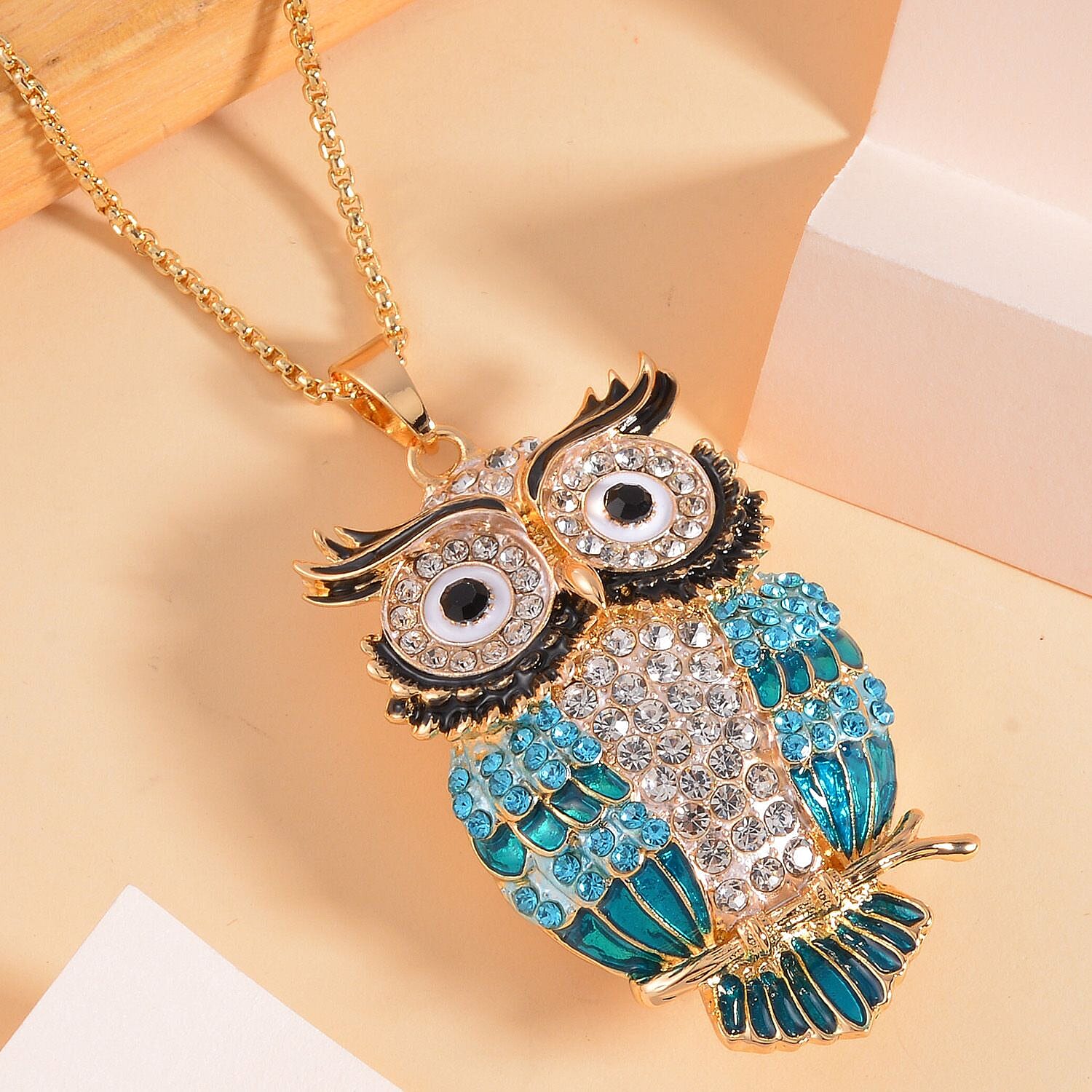 Close Out Deal-Blue & Multi Color Austrian Crystal Owl Necklace (Size - 24)