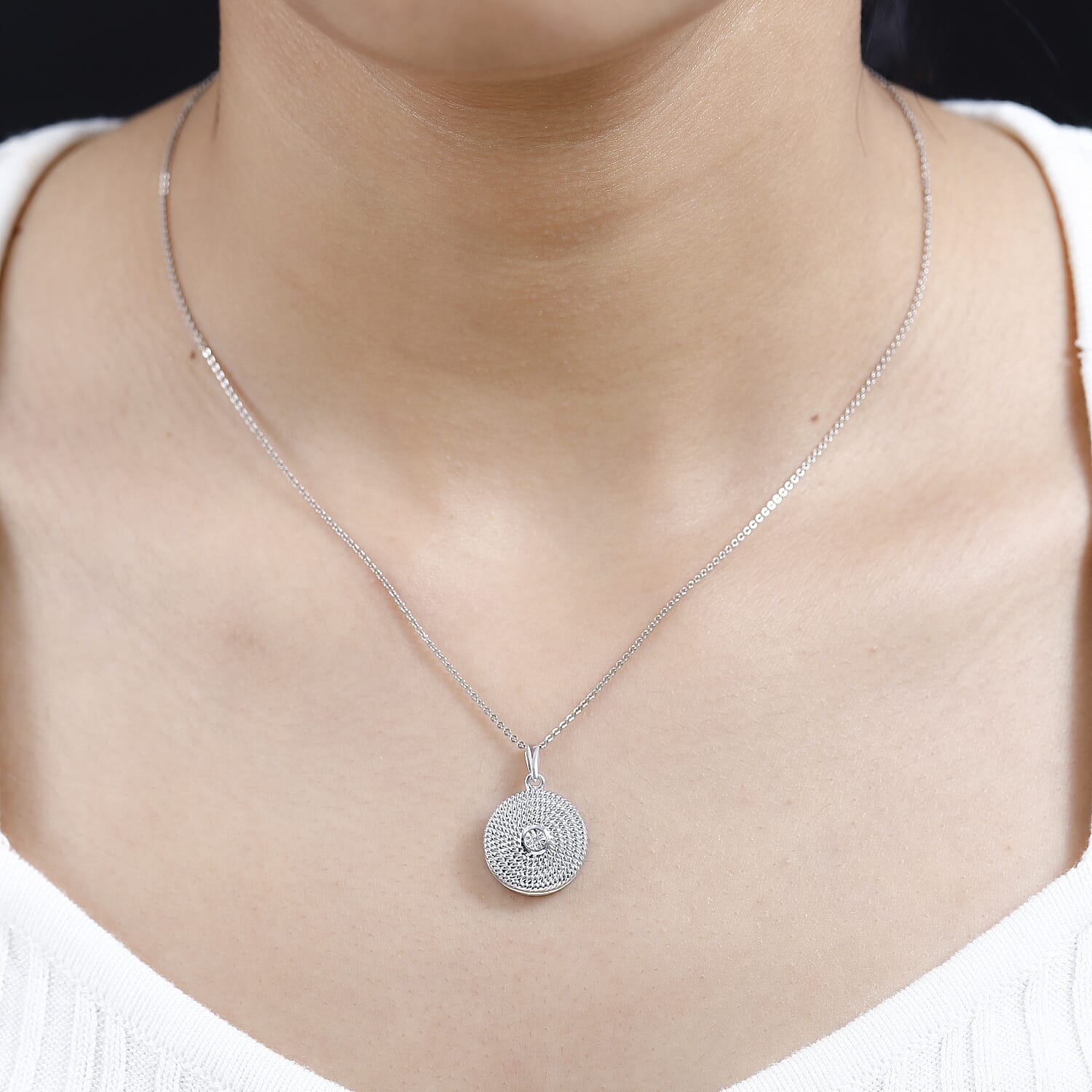 Designer Inspired -White Diamond Locket Pendant in Platinum Overlay Sterling Silver
