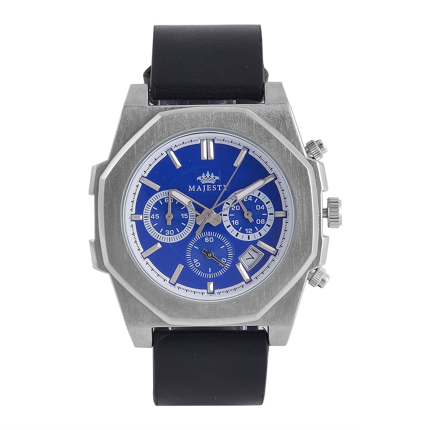 Majesty Multifunction Movt. 3 ATM Water Resistant Watch with Black Leather Strap in Silver Tone