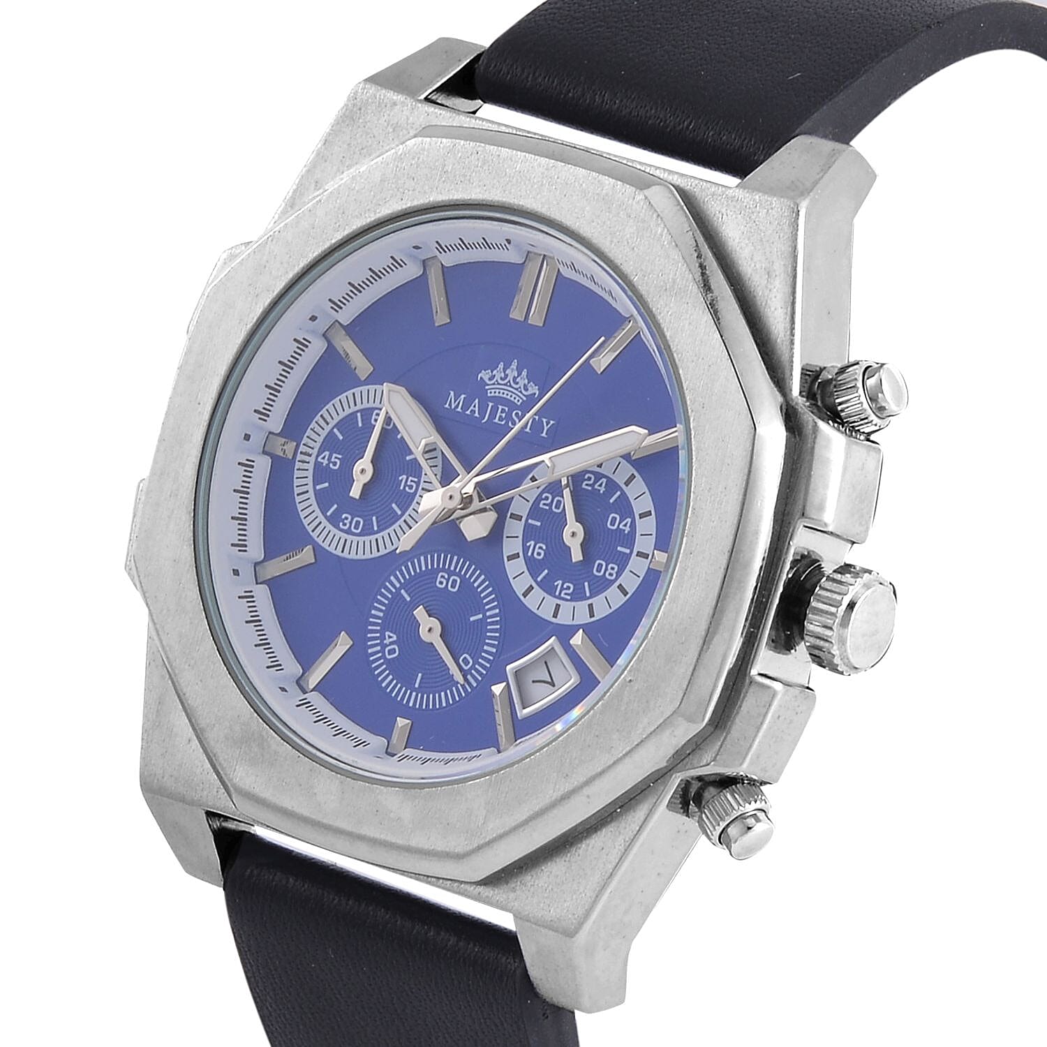 Majesty Multifunction Movt. 3 ATM Water Resistant Watch with Black Leather Strap in Silver Tone