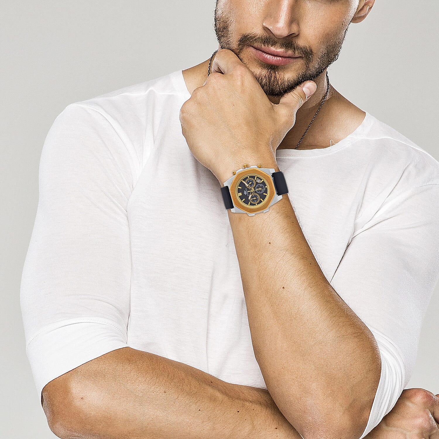 Majesty Multifunction Movt. 3 ATM Water Resistant Watch with Black Leather Strap in Gold Tone