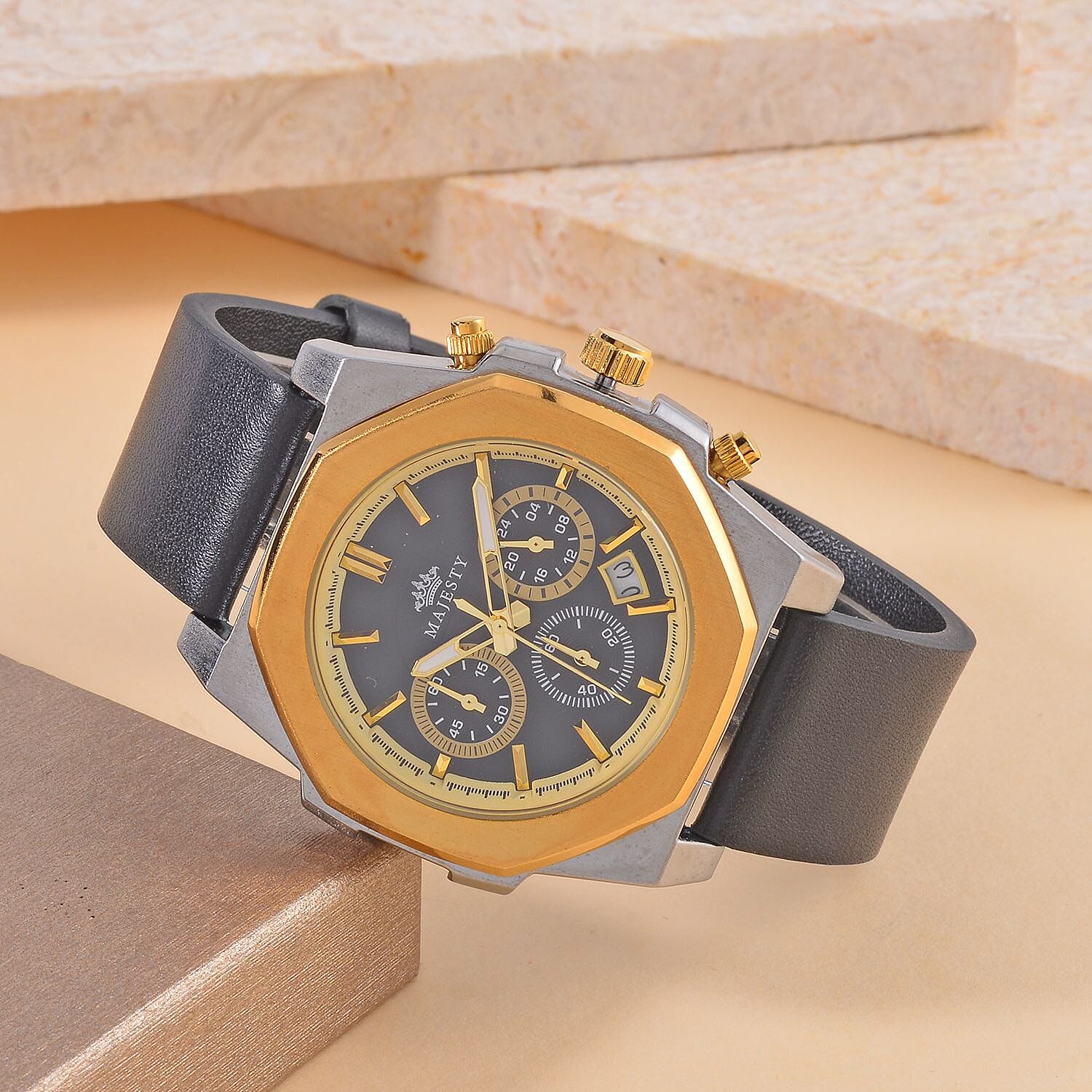 Majesty Multifunction Movt. 3 ATM Water Resistant Watch with Black Leather Strap in Gold Tone