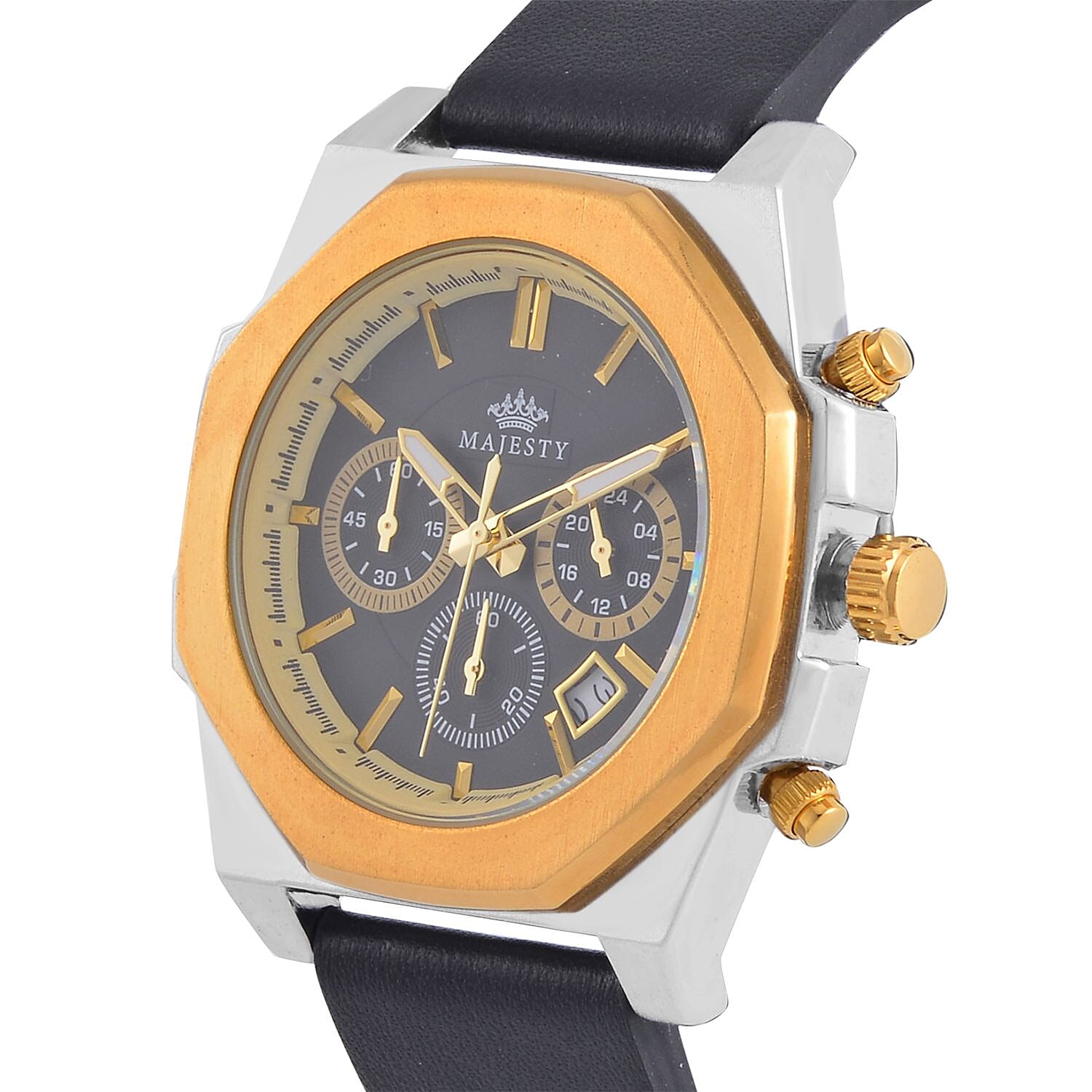 Majesty Multifunction Movt. 3 ATM Water Resistant Watch with Black Leather Strap in Gold Tone