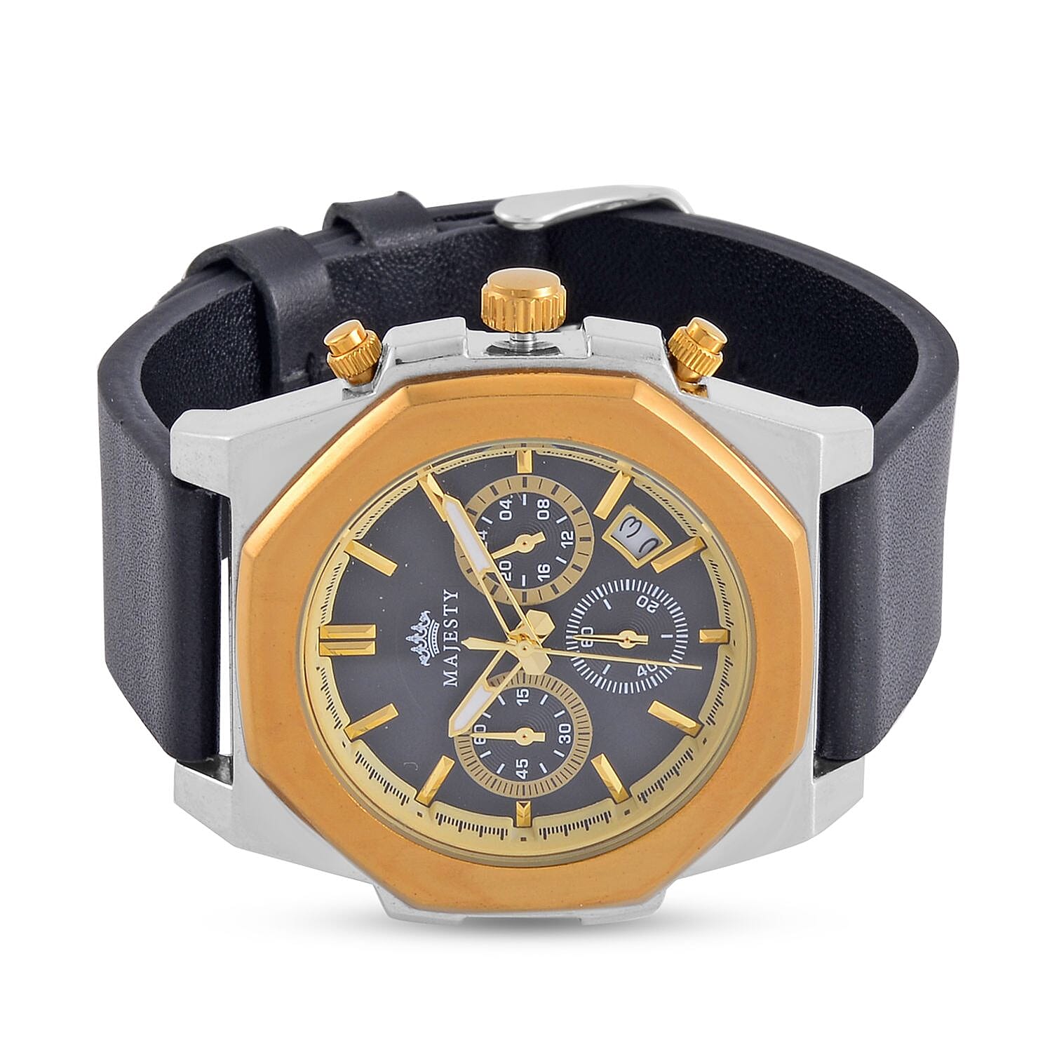 Majesty Multifunction Movt. 3 ATM Water Resistant Watch with Black Leather Strap in Gold Tone