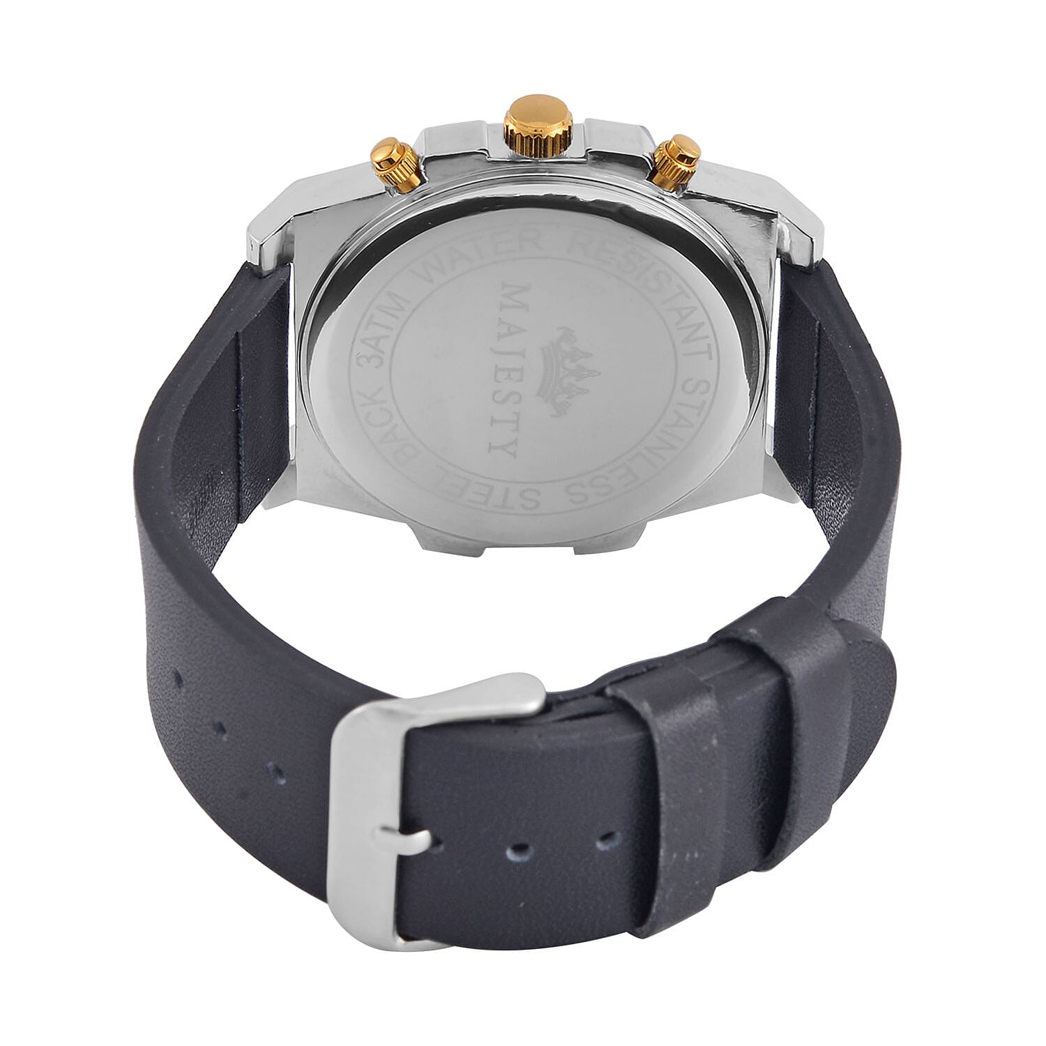 Majesty Multifunction Movt. 3 ATM Water Resistant Watch with Black Leather Strap in Gold Tone