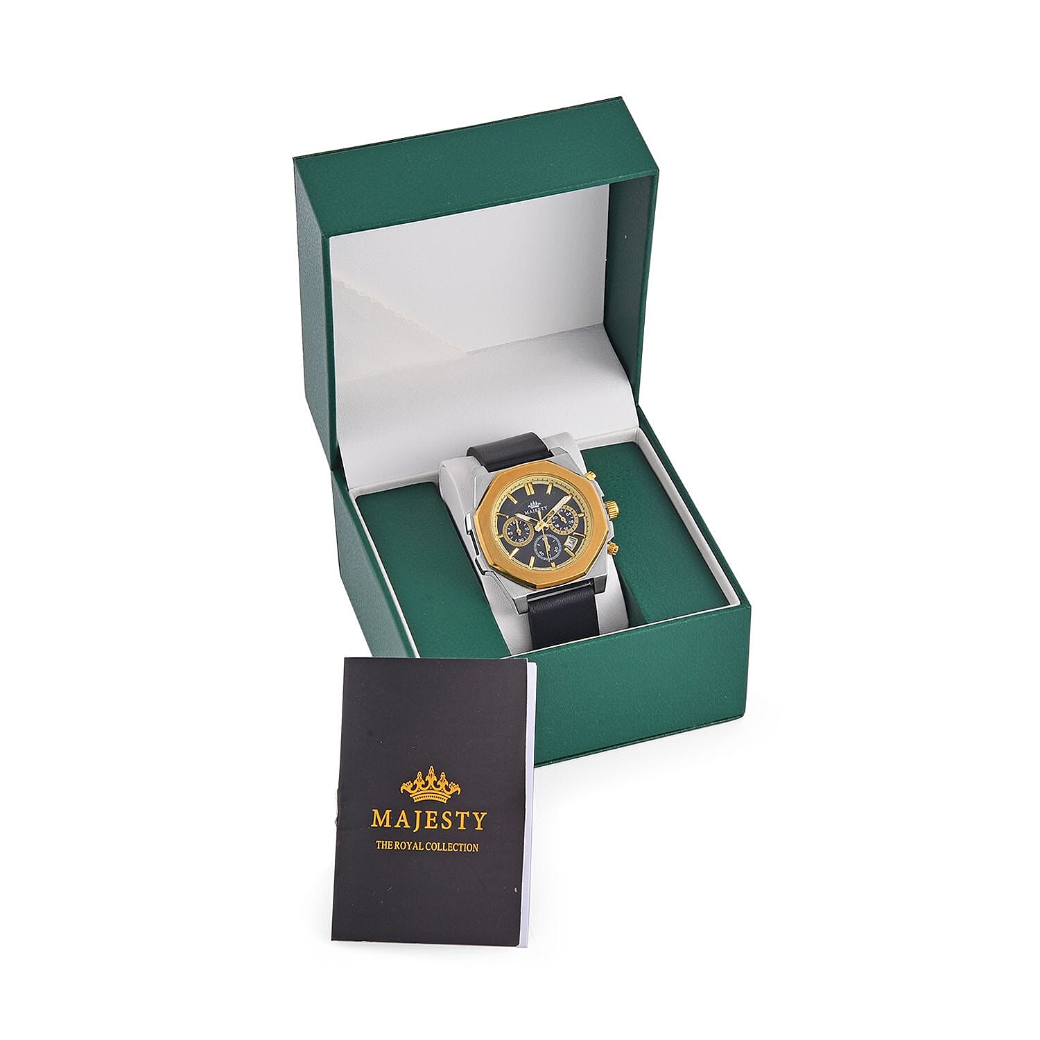 Majesty Multifunction Movt. 3 ATM Water Resistant Watch with Black Leather Strap in Gold Tone