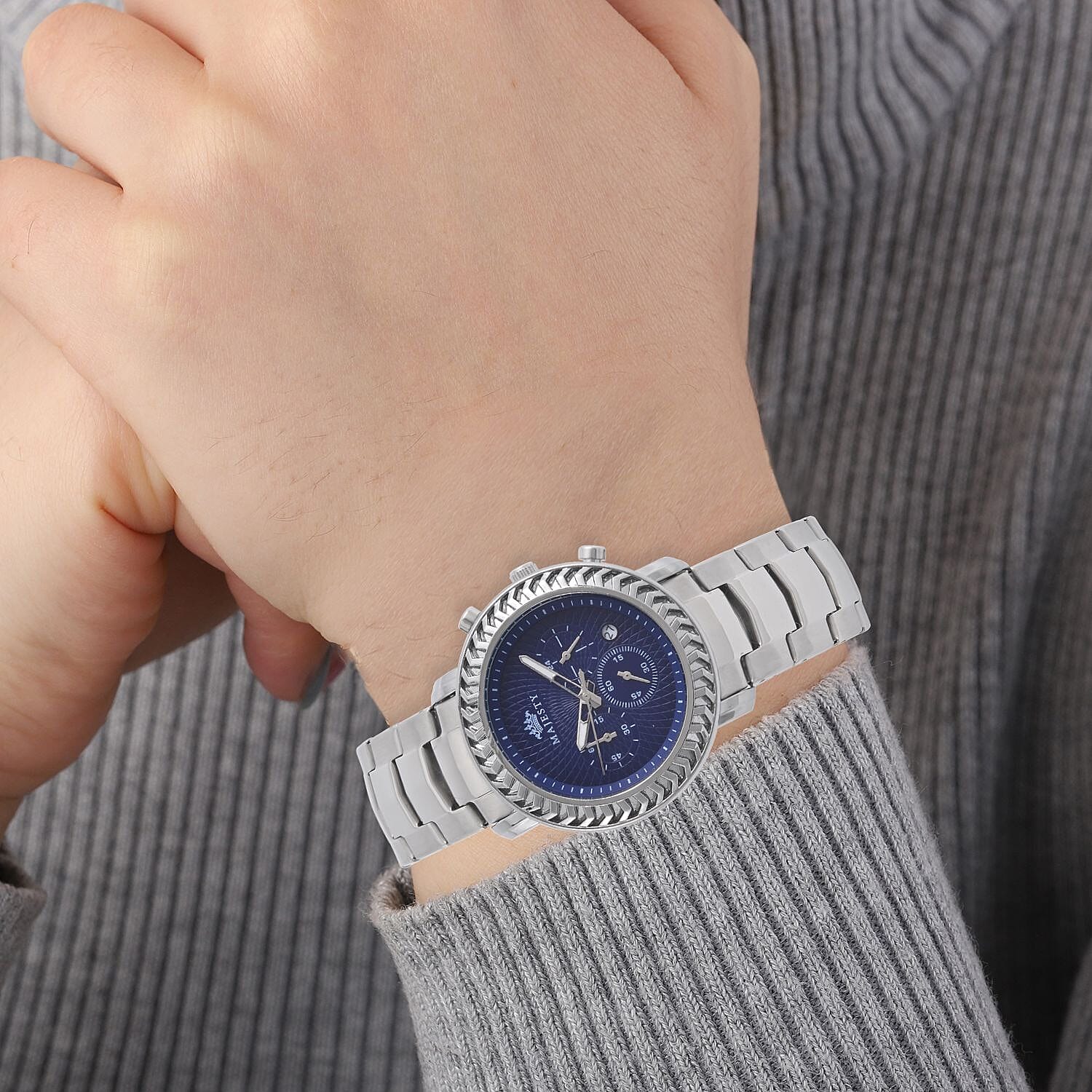 MAJESTY Multifunction Movt. Blue Dial 3 ATM Water Resistant Watch with Stainless Steel Chain Strap in Silver Tone