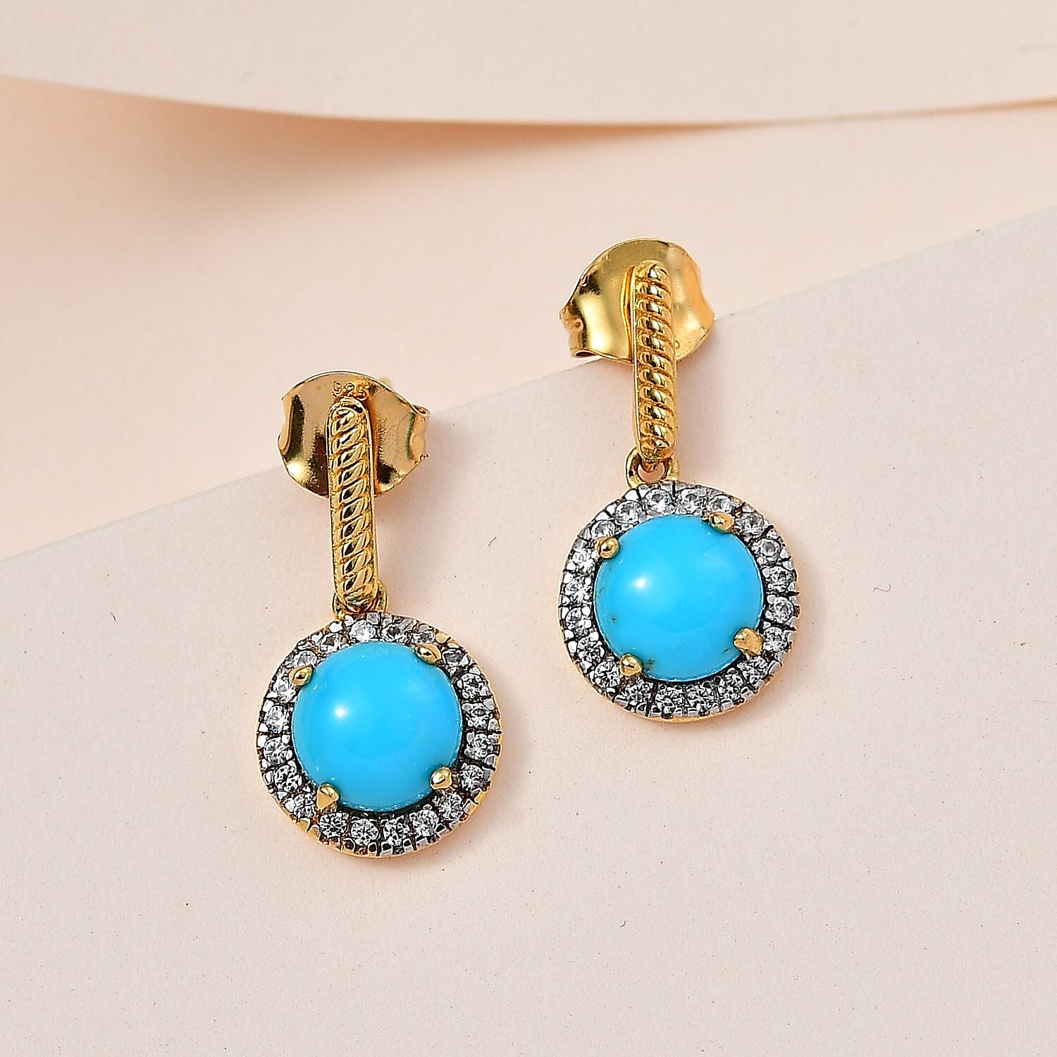 Tucson Special - Arizona Sleeping Beauty Turquoise & Natural Zircon Earrings in 18K Yellow Gold Vermeil Plated Sterling Silver 2.70 Ct.