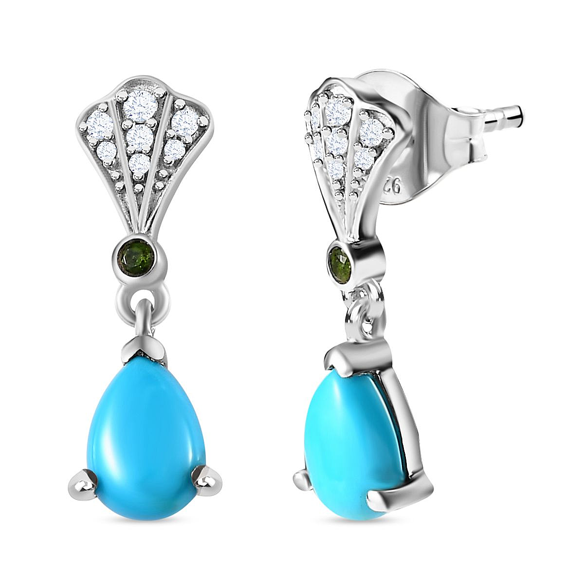 Arizona Sleeping Beauty Turquoise, Natural Chrome Diopside & Natural Zircon Earrings in Platinum Overlay Sterling Silver 1.38 Ct.